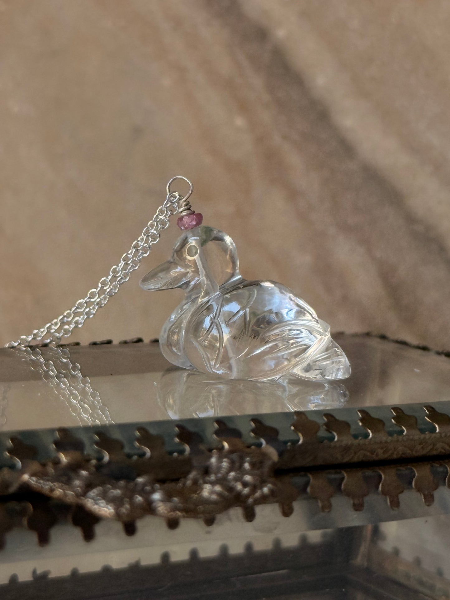 925 Sterling Silver Clear Quartz Duck Carved Pink Tourmaline Crystal Handcrafted Necklace