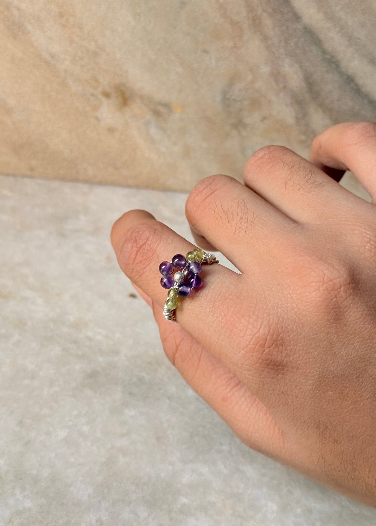 925 Sterling Silver Amethyst & Peridot Floral Wire Wrapped Handcrafted Ring