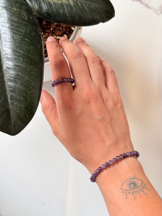 Natural Crystal Amethyst 4mm Stretchy Rings & Bracelet