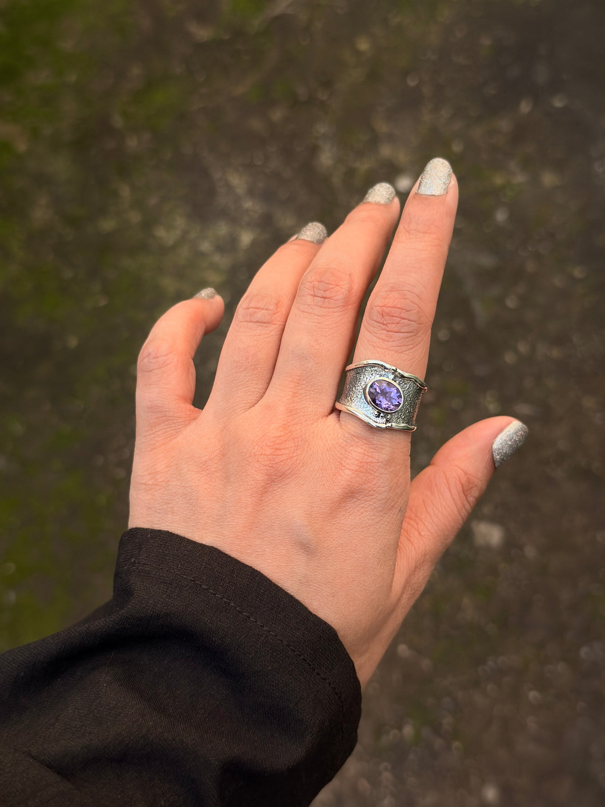 925 Sterling Silver Amethyst Textured Rustic Statement Handcrafted Ring