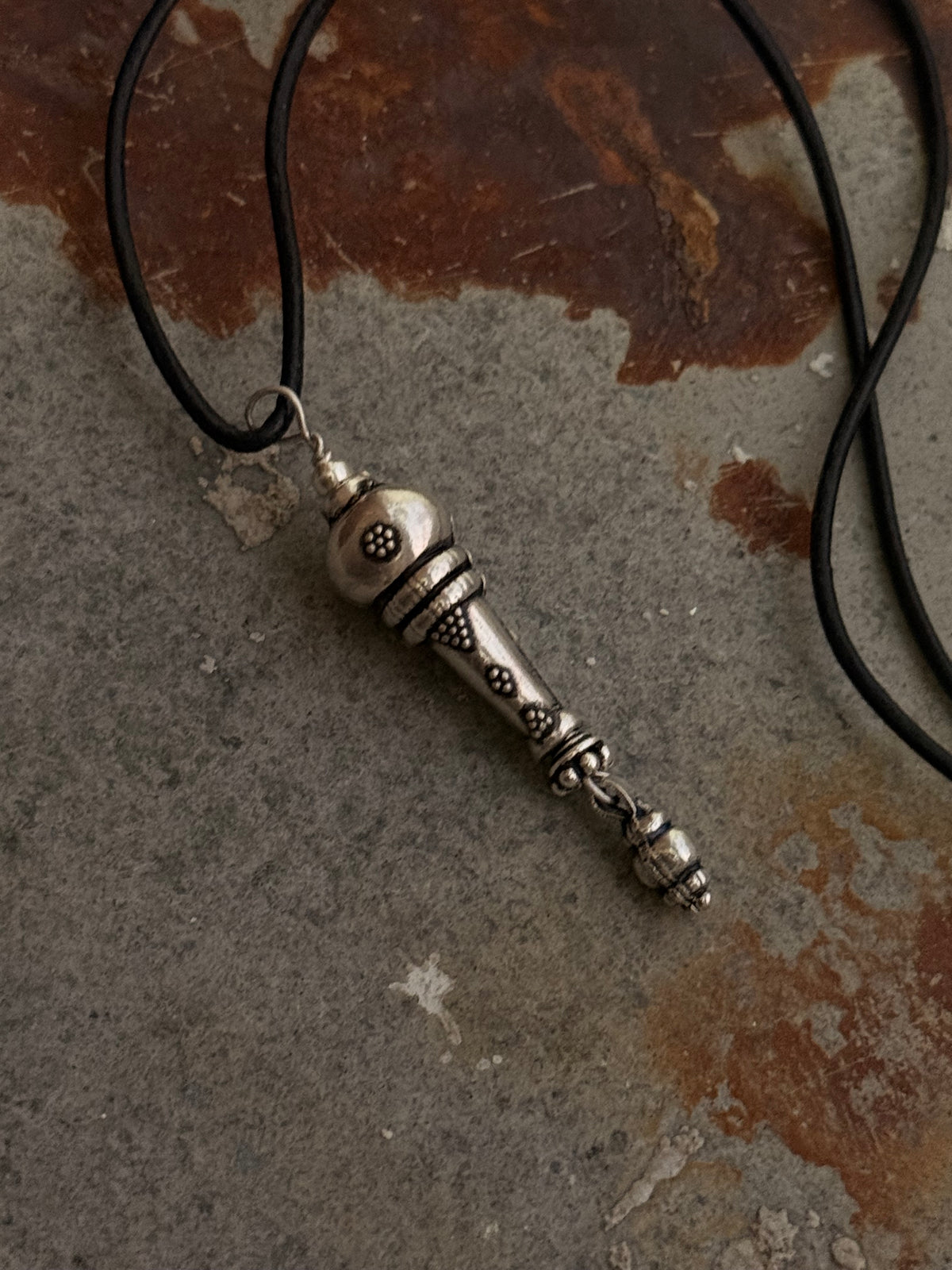 925 Sterling Silver Black Leather Cord Mandali Dolki Necklace