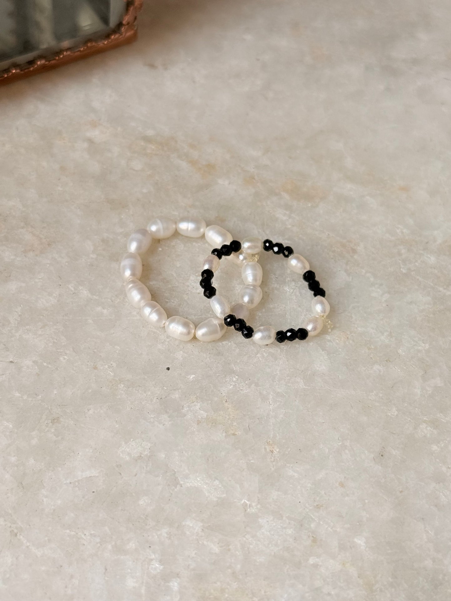 Natural Crystal Stretchy Fresh Water Pearl & Black Spinel Pearl Rings