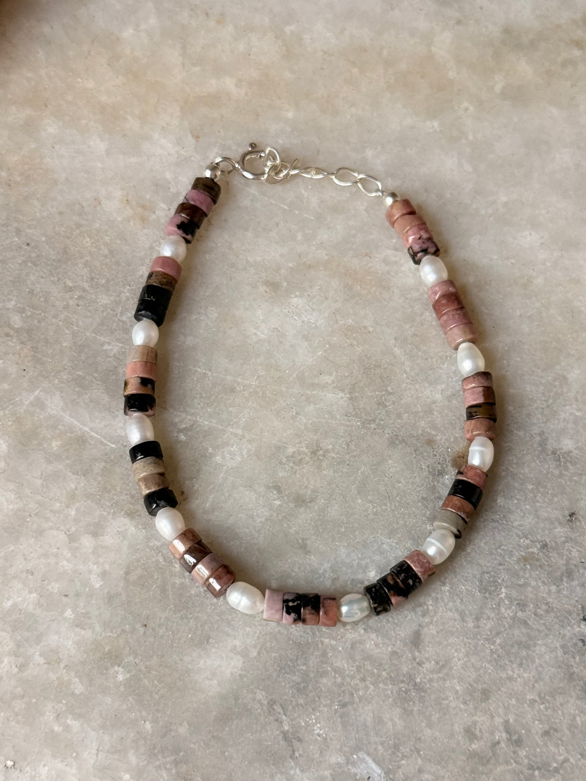 925 Sterling Silver Rhodonite Flat Tube Crystal Fresh Water Pearls Bracelet