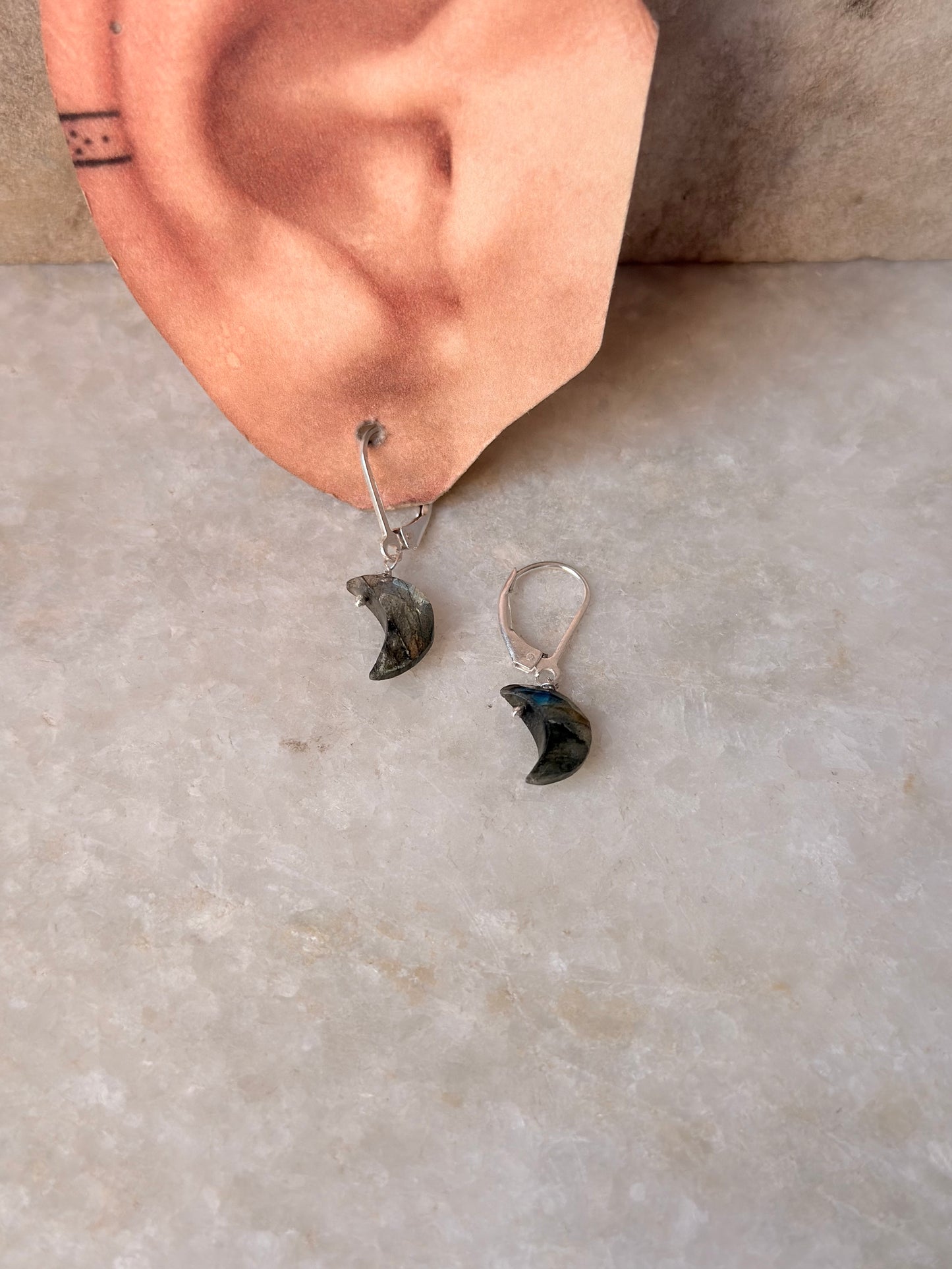 925 Sterling Silver Labradorite Moon Lever Back Earrings
