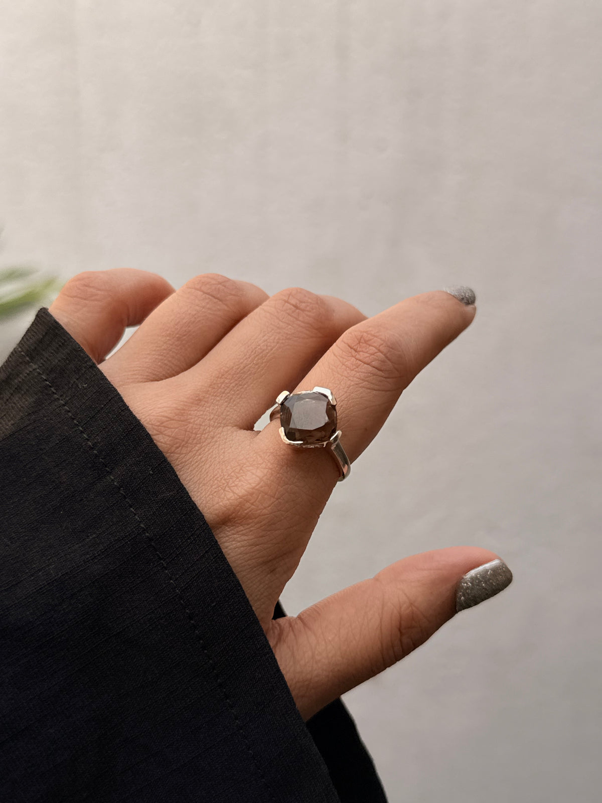 925 Sterling Silver Smokey Quartz Cushion Cut Contemporary Style Solitaire Ring