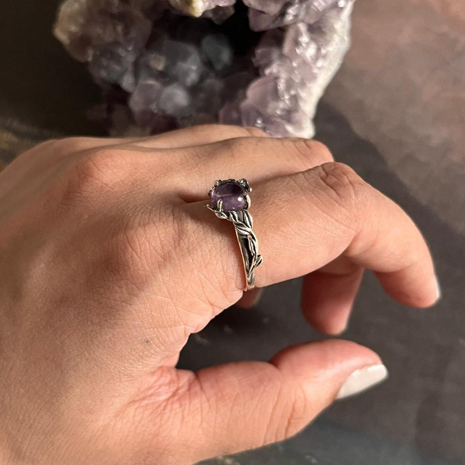 Amethyst Gemstone Set in a Silver Ring with Forest Theme