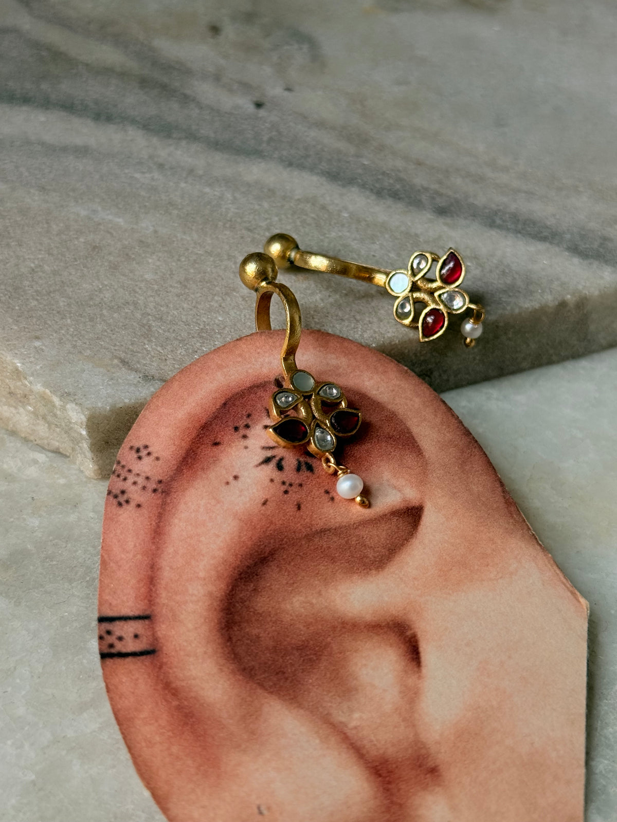 925 Sterling Silver Gold Plated Pink White Stone Kundan Polki & Fresh Water Pearls Charm Bugadi Ear Cuff