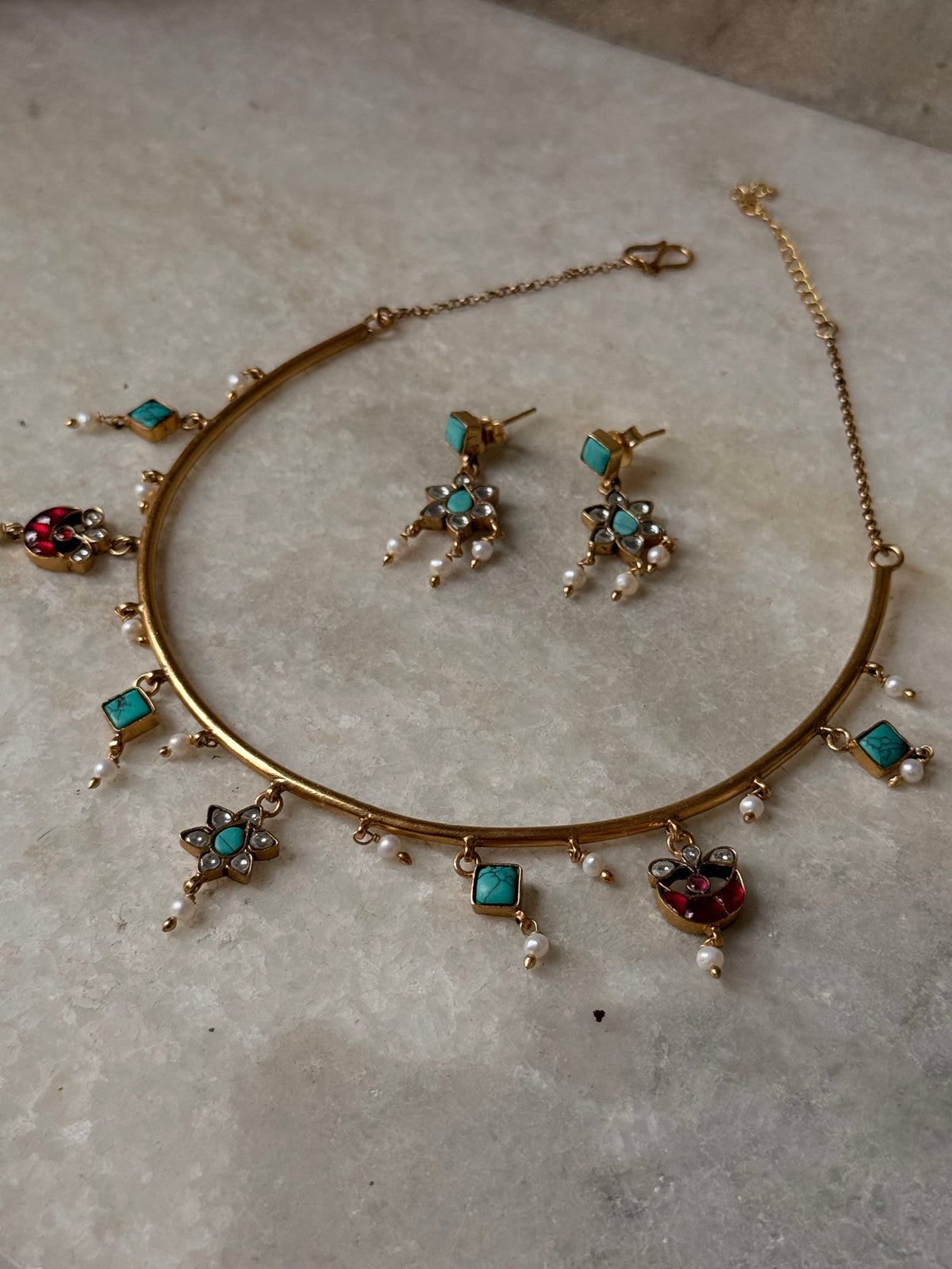 925 Sterling Silver Turquoise , Red Stones ,Fresh Water Pearls & Kundan Polki Handcrafted Gold Plated Necklace
