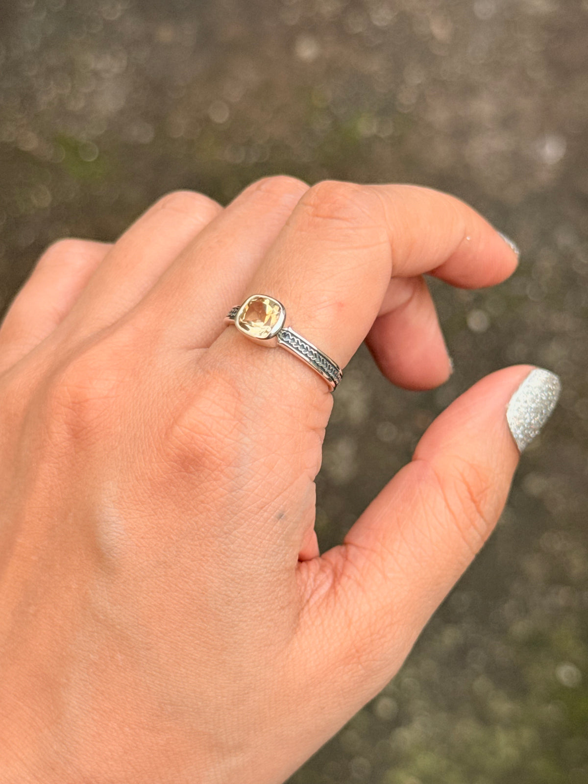 925 Sterling Silver Citrine Square Vintage Band Ring