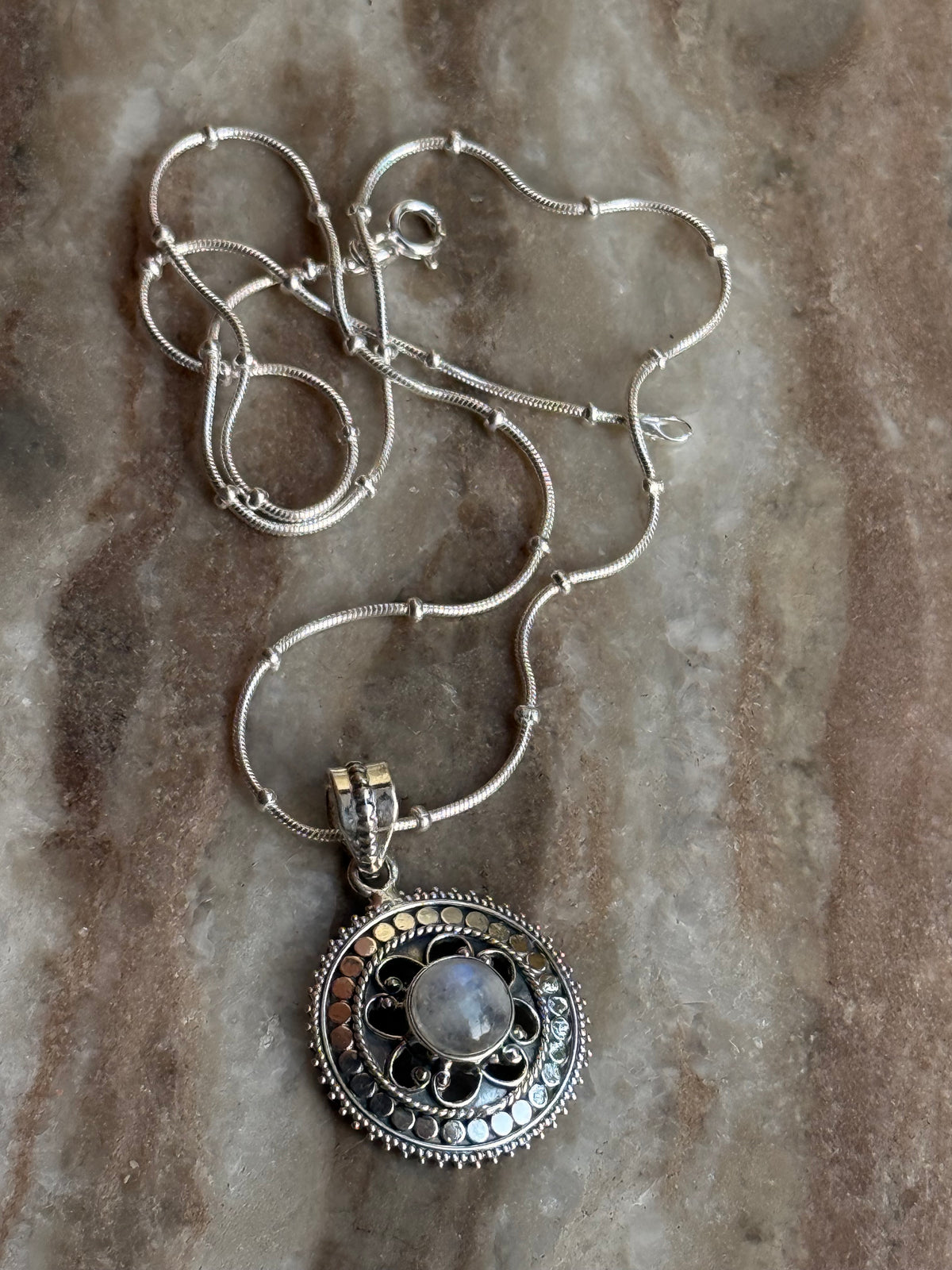 925 Sterling Silver Moonstone Round Boho Handcrafted One of a Kind Pendant