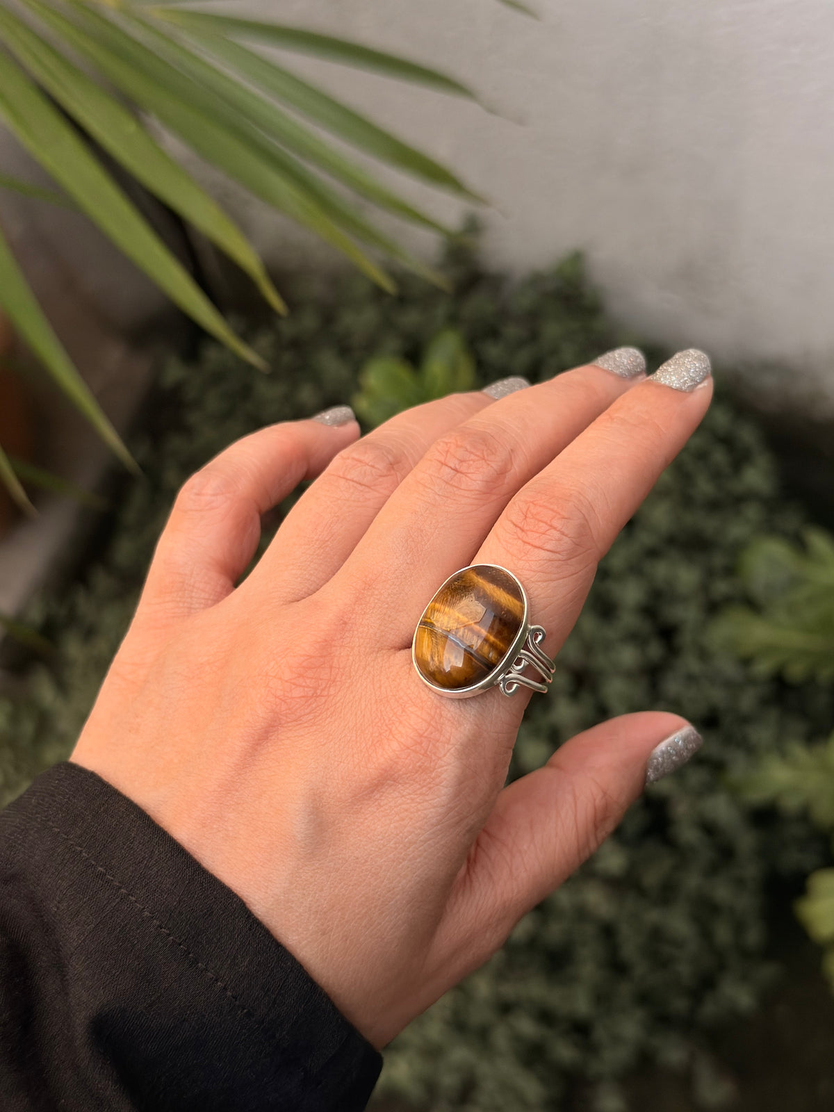 925 Sterling Silver Tiger Eye Oval Boho Statement Ring