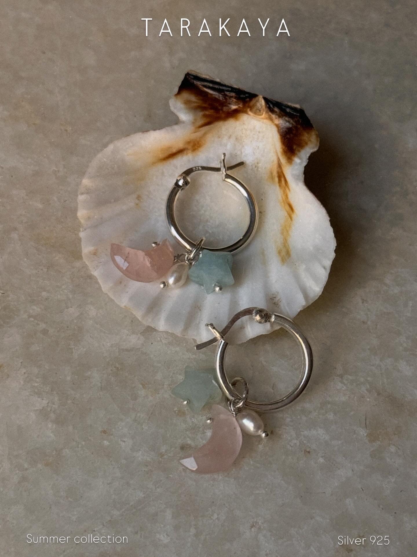 925 Sterling Silver Rose Quartz Moon, Aquamarine Star and Fresh Water Pearl Handcrafted Hoops