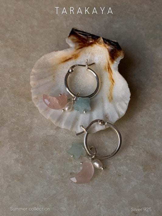 925 Sterling Silver Rose Quartz Moon, Aquamarine Star and Fresh Water Pearl Handcrafted Hoops