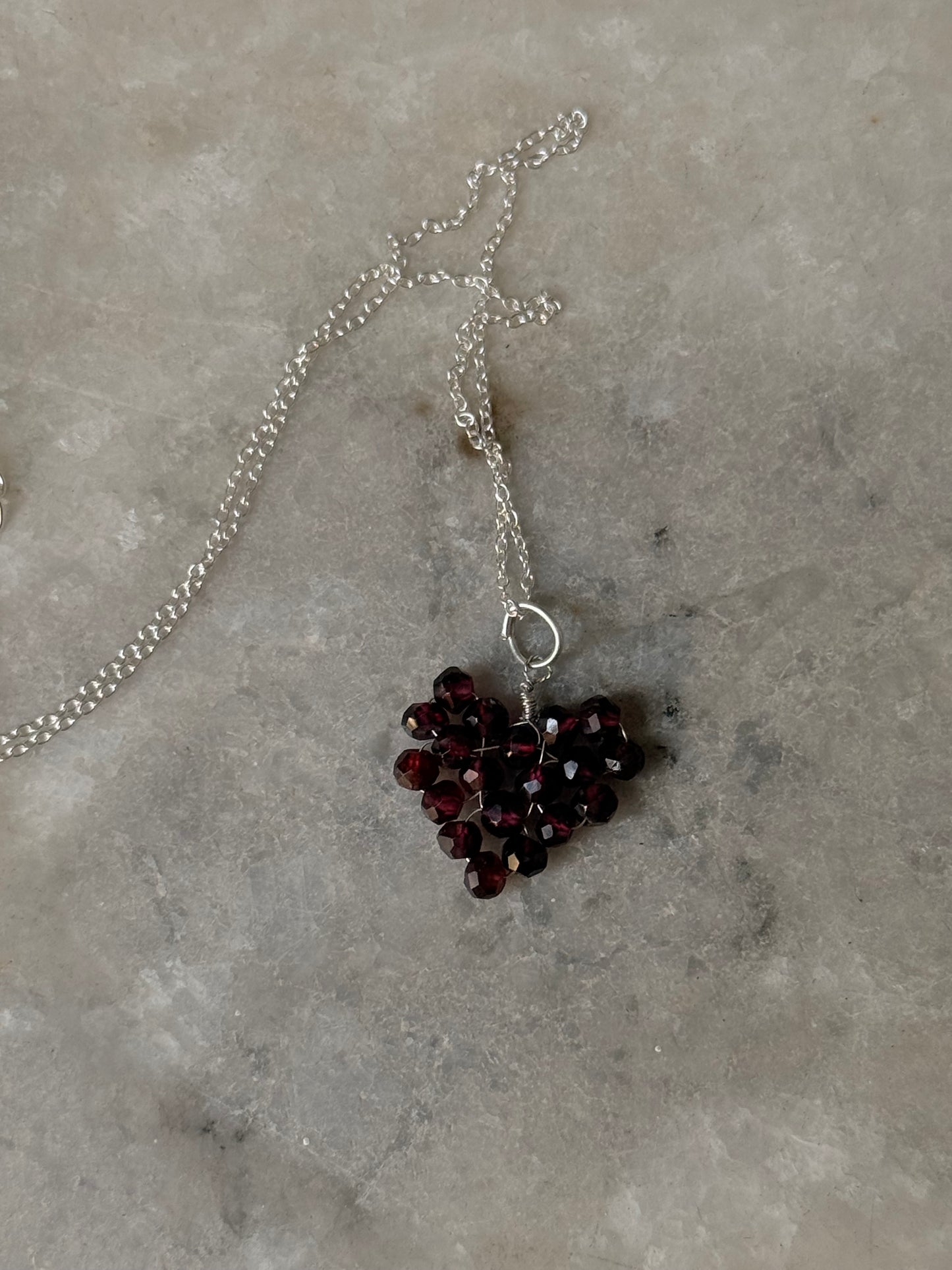 925 Sterling Silver Garnet Heart Beaded Wire Wrapped Handcrafted Love Necklace