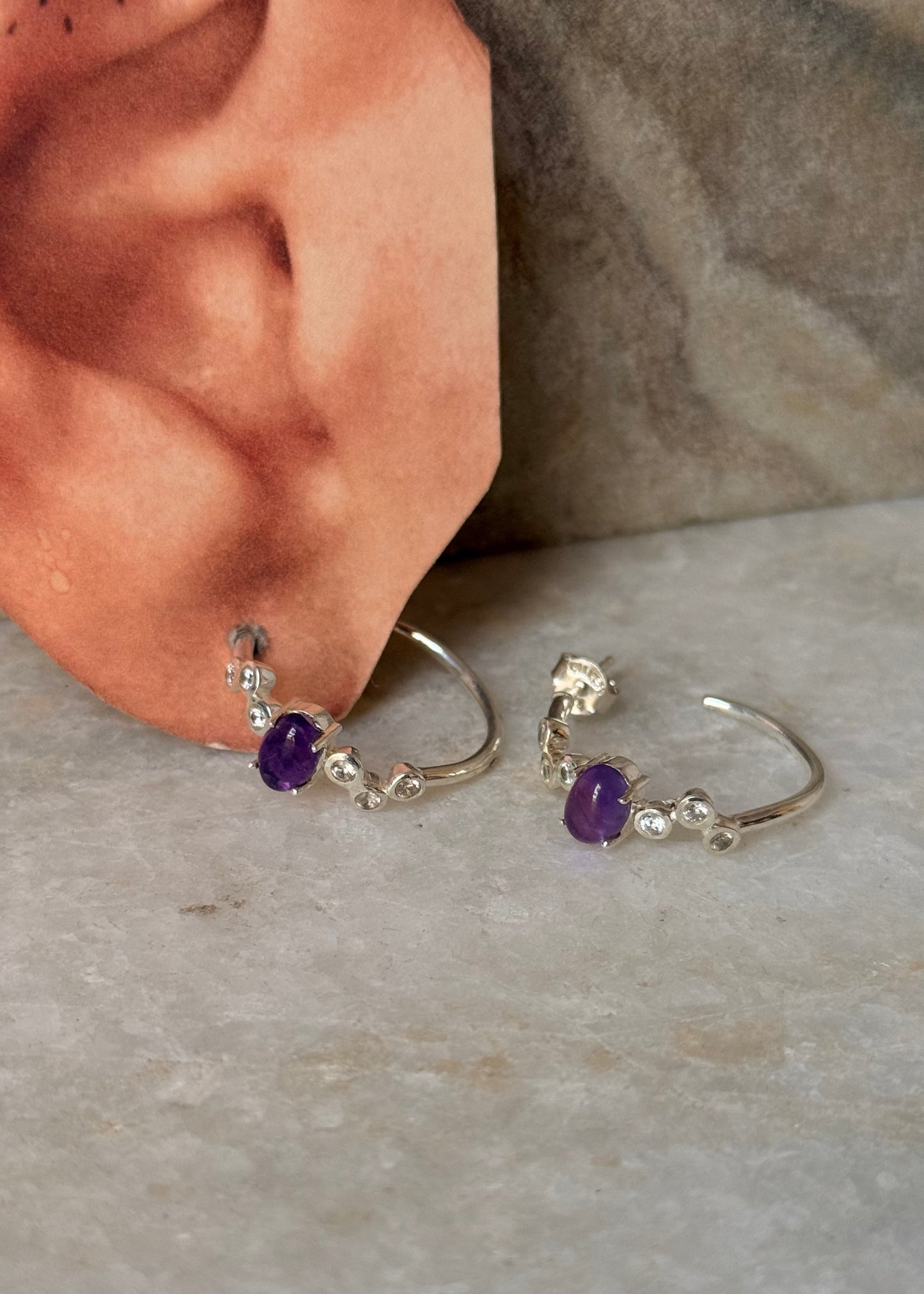 925 Sterling Silver Amethyst Cz Half Hoops Earrings