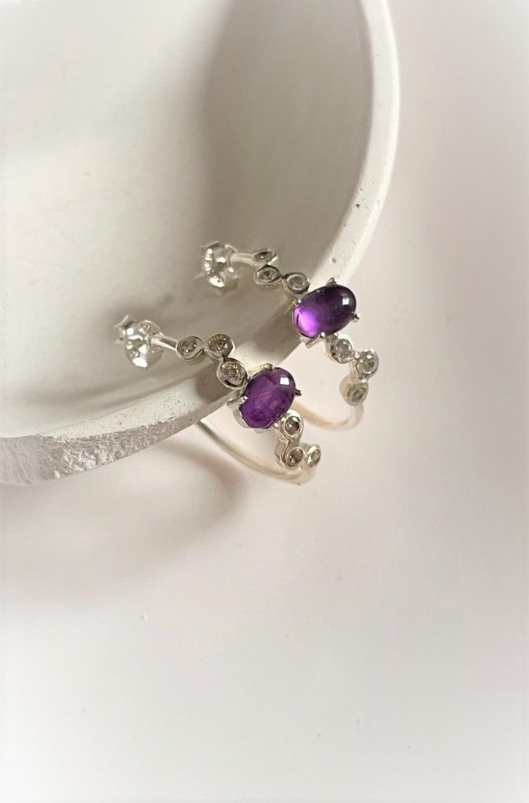 Amethyst CZ Silver Hoops for Spiritual Energy 