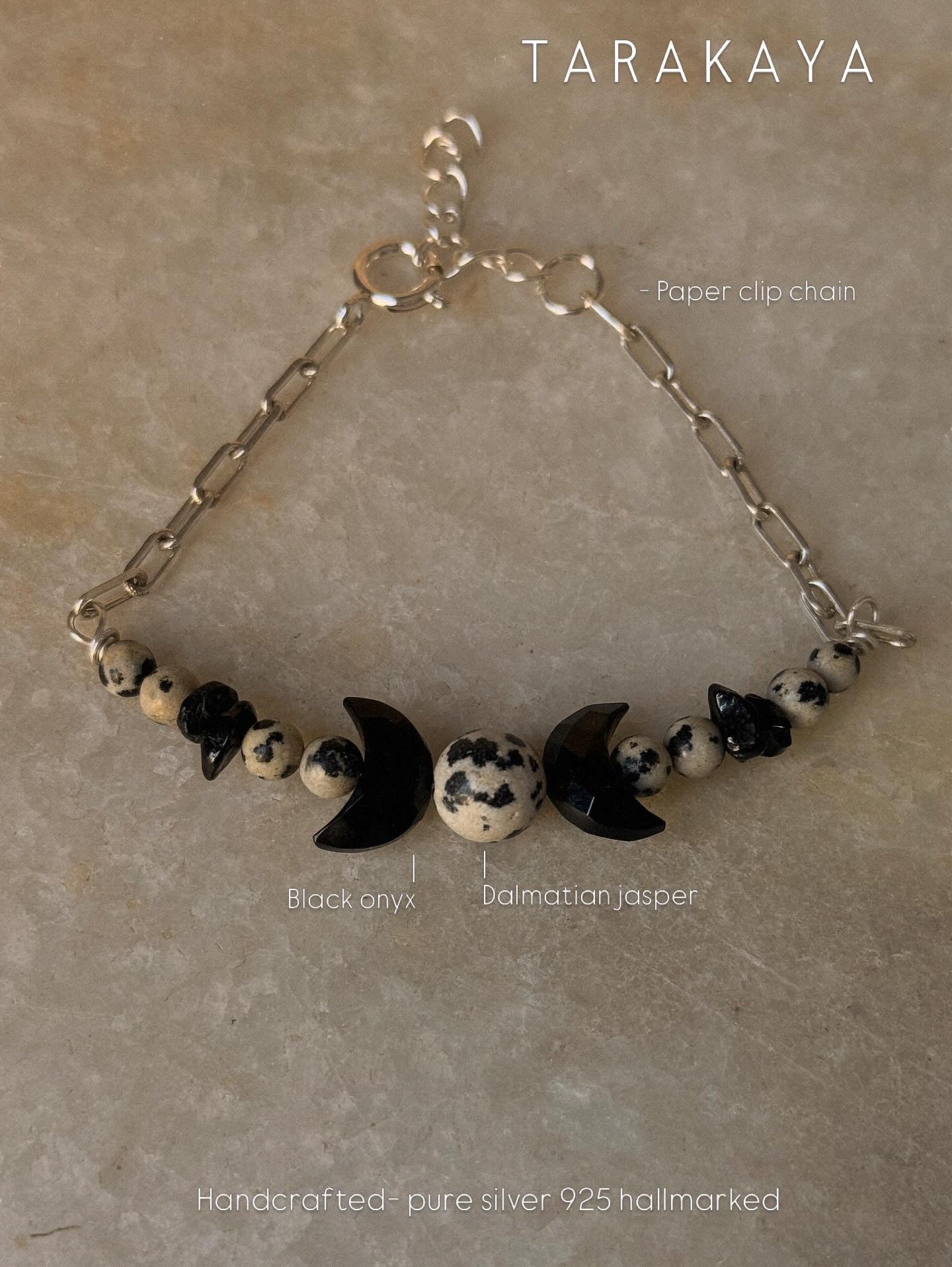 925 Sterling Silver Triple Goddess -Dalmatian Jasper, Black Onyx Moon & Black Tourmaline Chips Crystal Handcrafted Bracelet