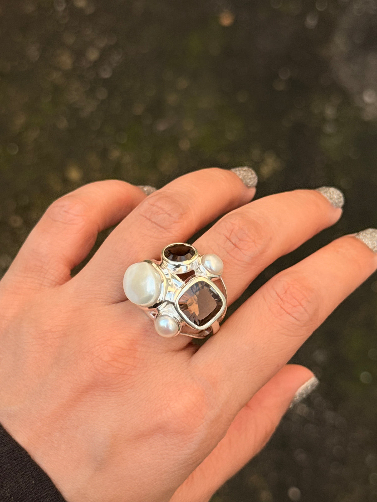 925 Sterling Silver Fresh Water Pearls & Smokey Quartz Cluster Statement Ring