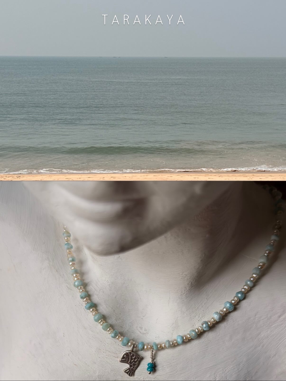 Natural Larimar, Fresh Water Pearls , Silver Fish Charm & Blue Bead Hanging Charm Handcrafted 925 Sterling Silver Necklace
