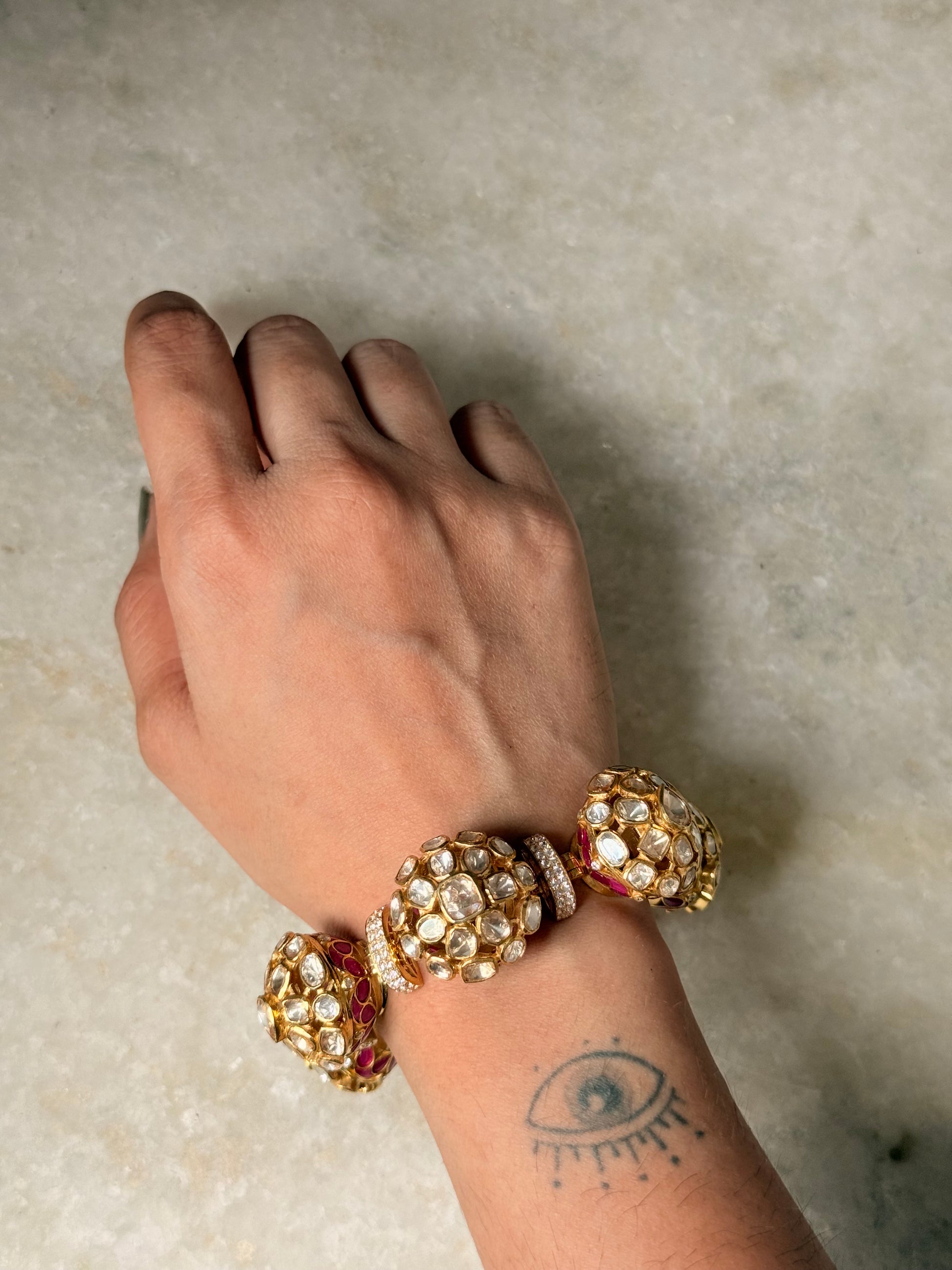 Ethnic 925 Sterling Silver Gold Plated Antique Moissanite Polki Pink Kundan Statement Bracelet 