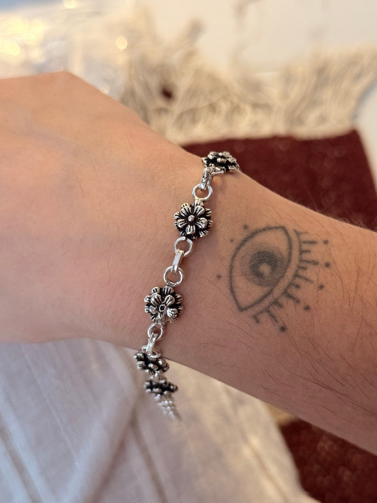 925 Sterling Silver Antique Style Small Flower Bracelet