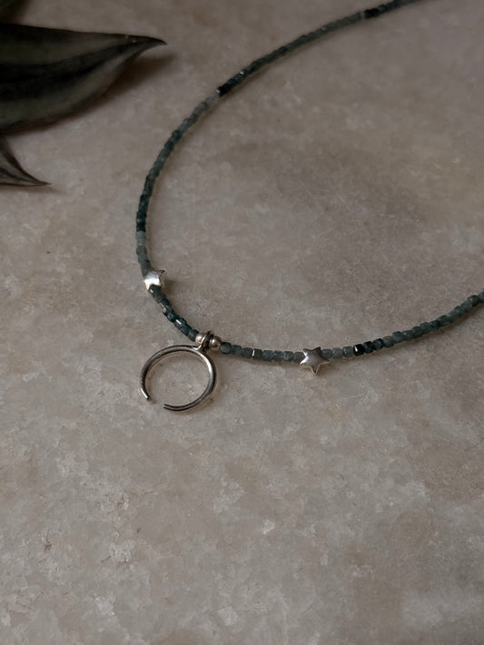 925 Sterling Silver Grandidierite Box Gradient, Star & Moon Handcrafted Necklace