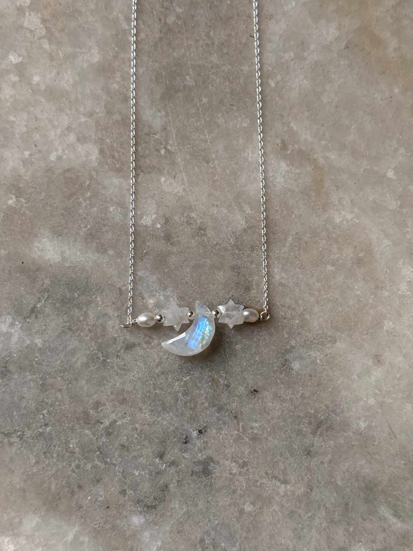 925 Sterling Silver Moonstone Moon, Stars, Pearls Necklace
