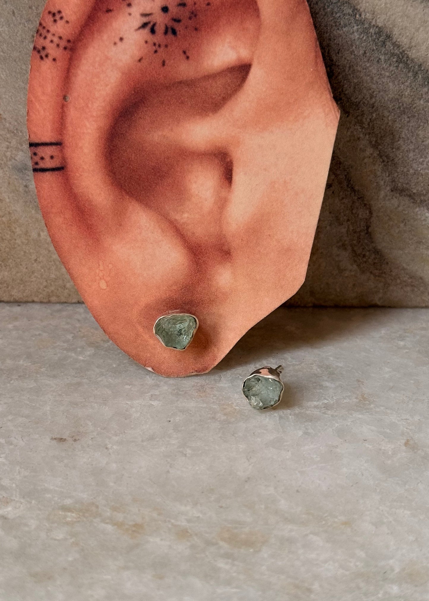 925 Sterling Silver Raw Uncut Aquamarine Studs Earrings