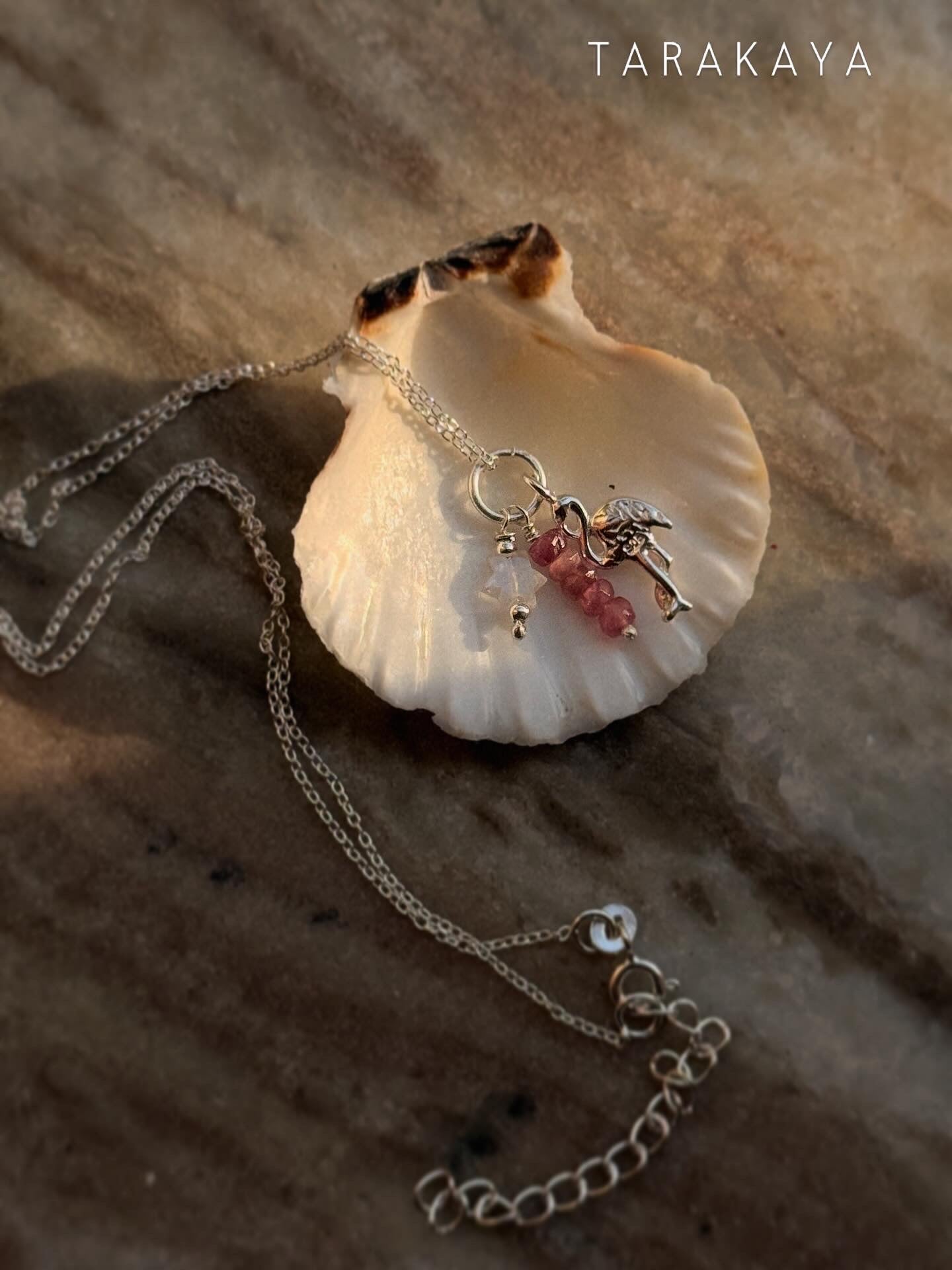 925 Sterling Silver Pink Tourmaline, Moonstone Star & Flamingo Charm Handcrafted Necklace