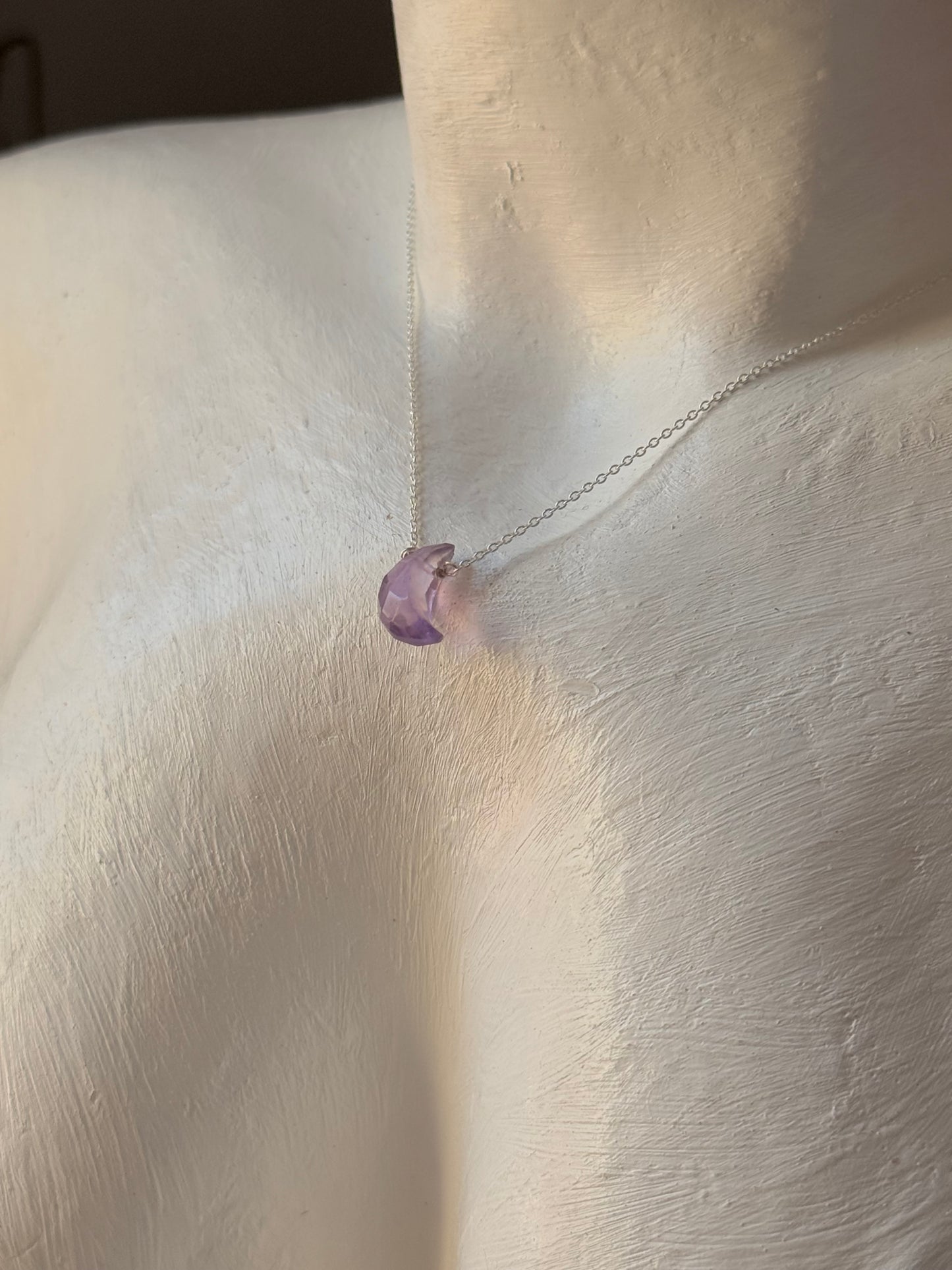 925 Sterling Silver Amethyst Moon Crescent Carved Handcrafted Necklace