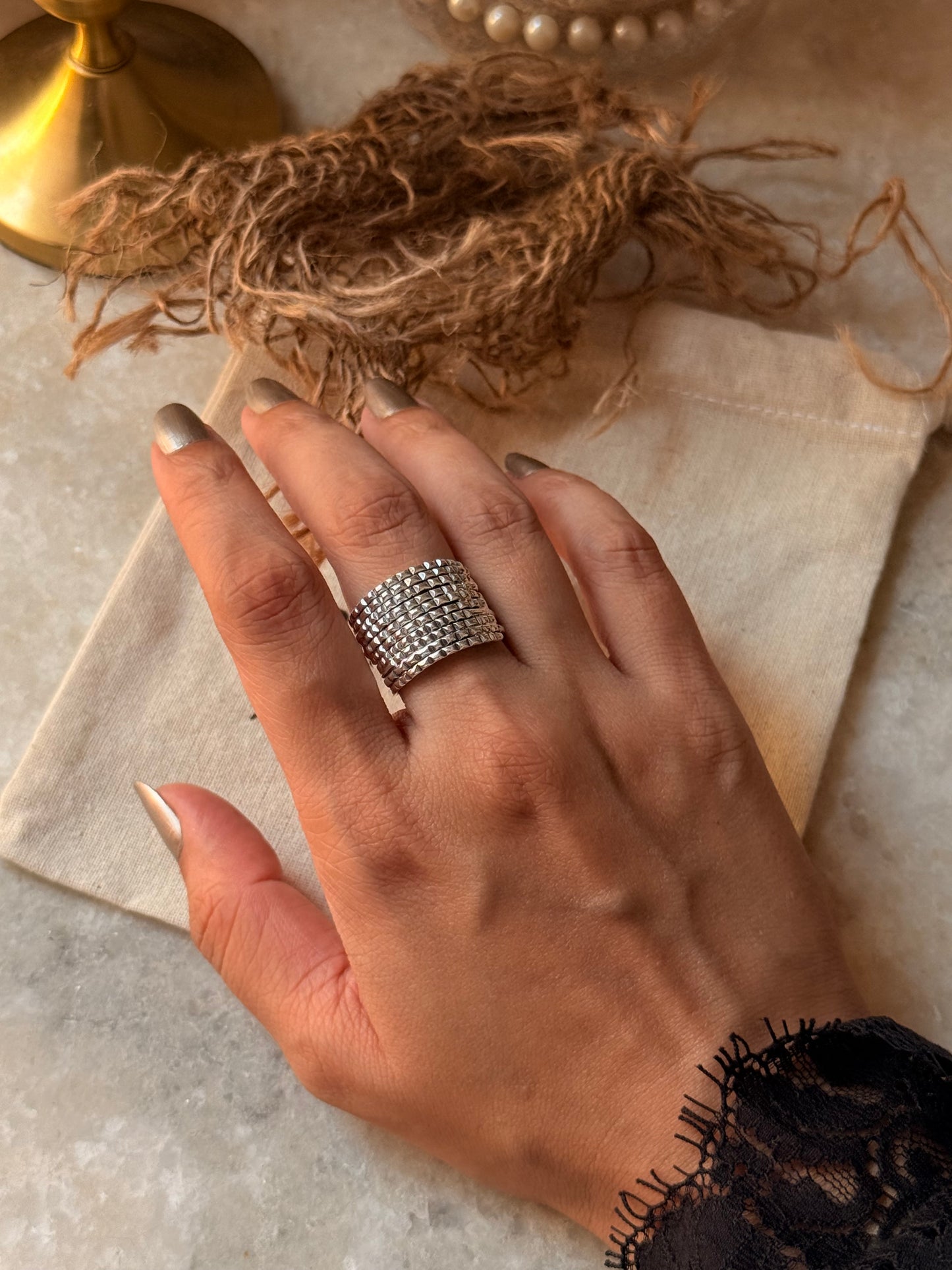 925 Sterling Silver Tribal Textured Fixed Wire Stack Band Ring
