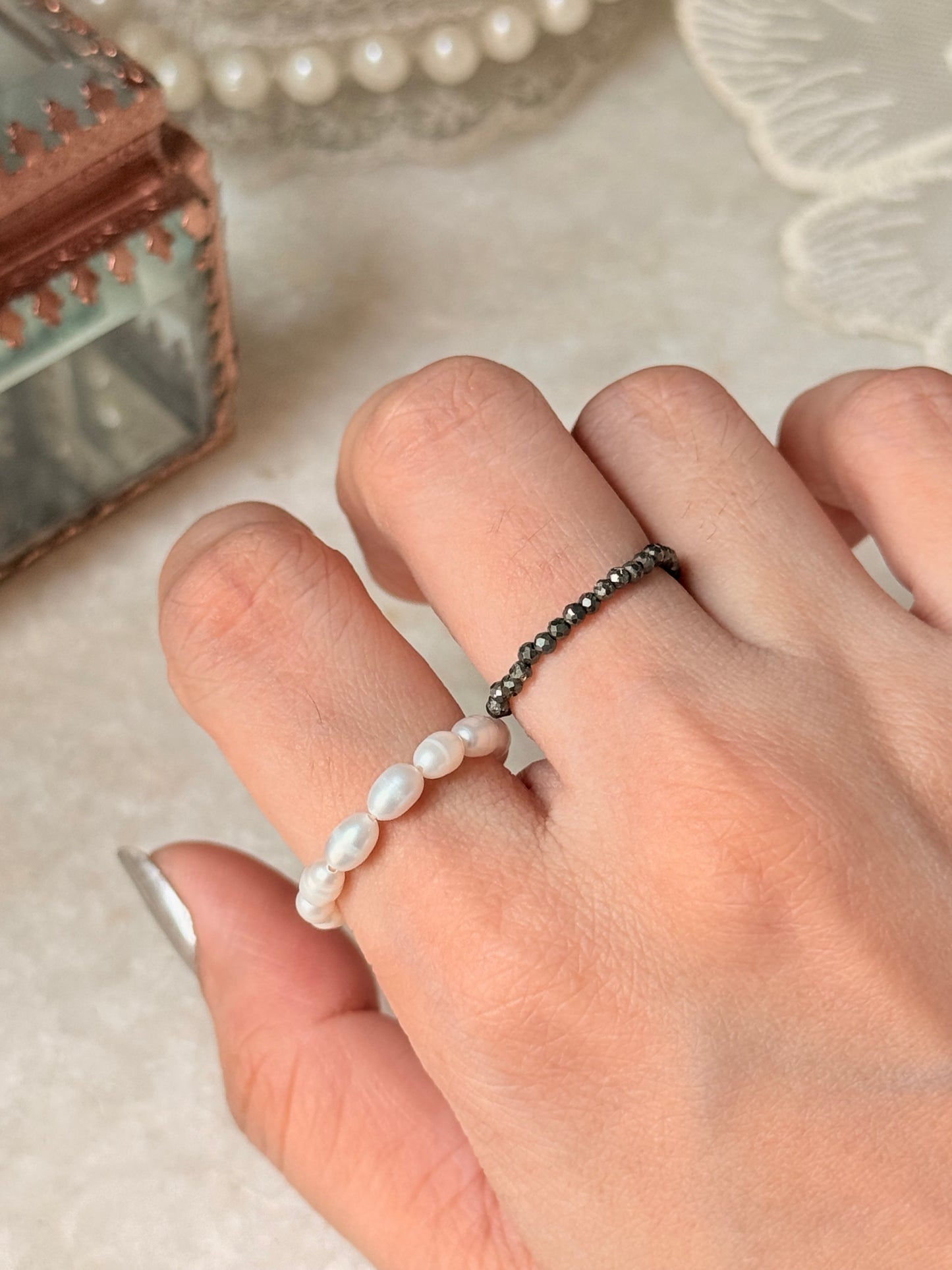 Natural Crystal Stretchy Fresh Water Pearl & Pyrite Rings