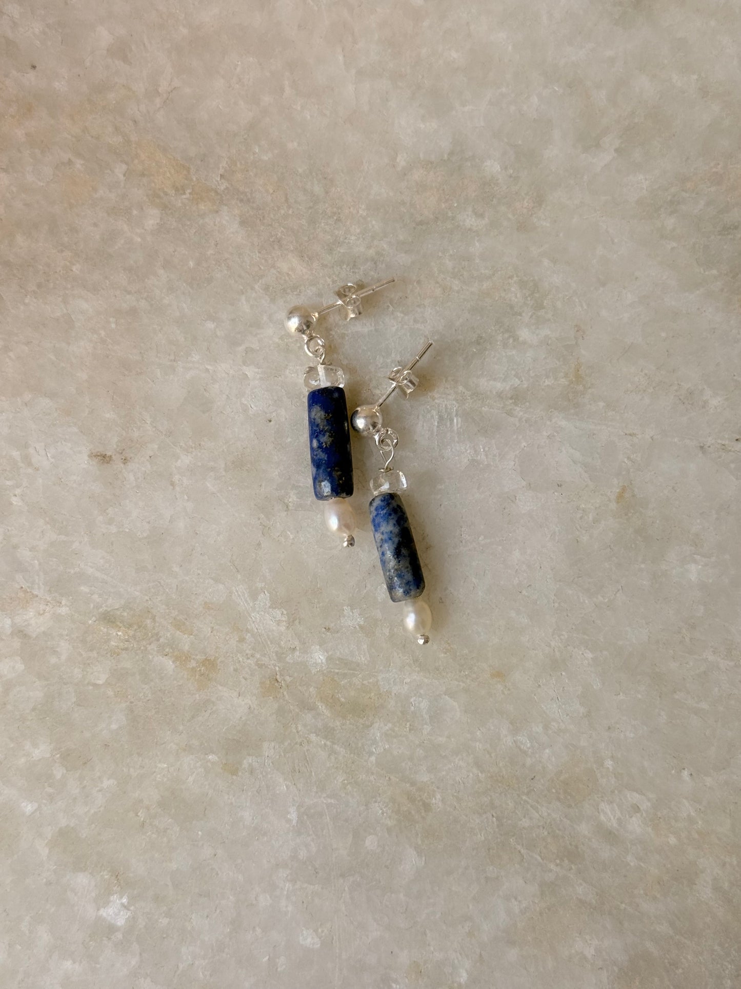 925 Sterling Silver Lapis Lazuli, Clear Quartz & Pearl Studs Earrings
