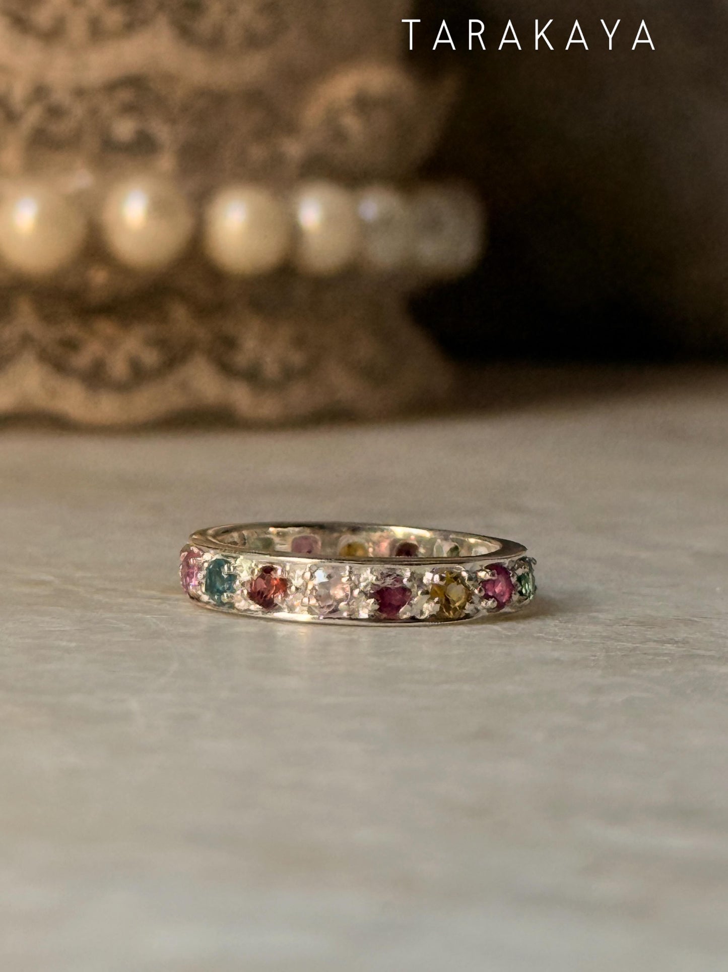 925 Sterling Silver Natural Multi Tourmaline Faceted Eternity White Band Ring