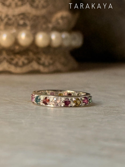 925 Sterling Silver Natural Multi Tourmaline Faceted Eternity White Band Ring