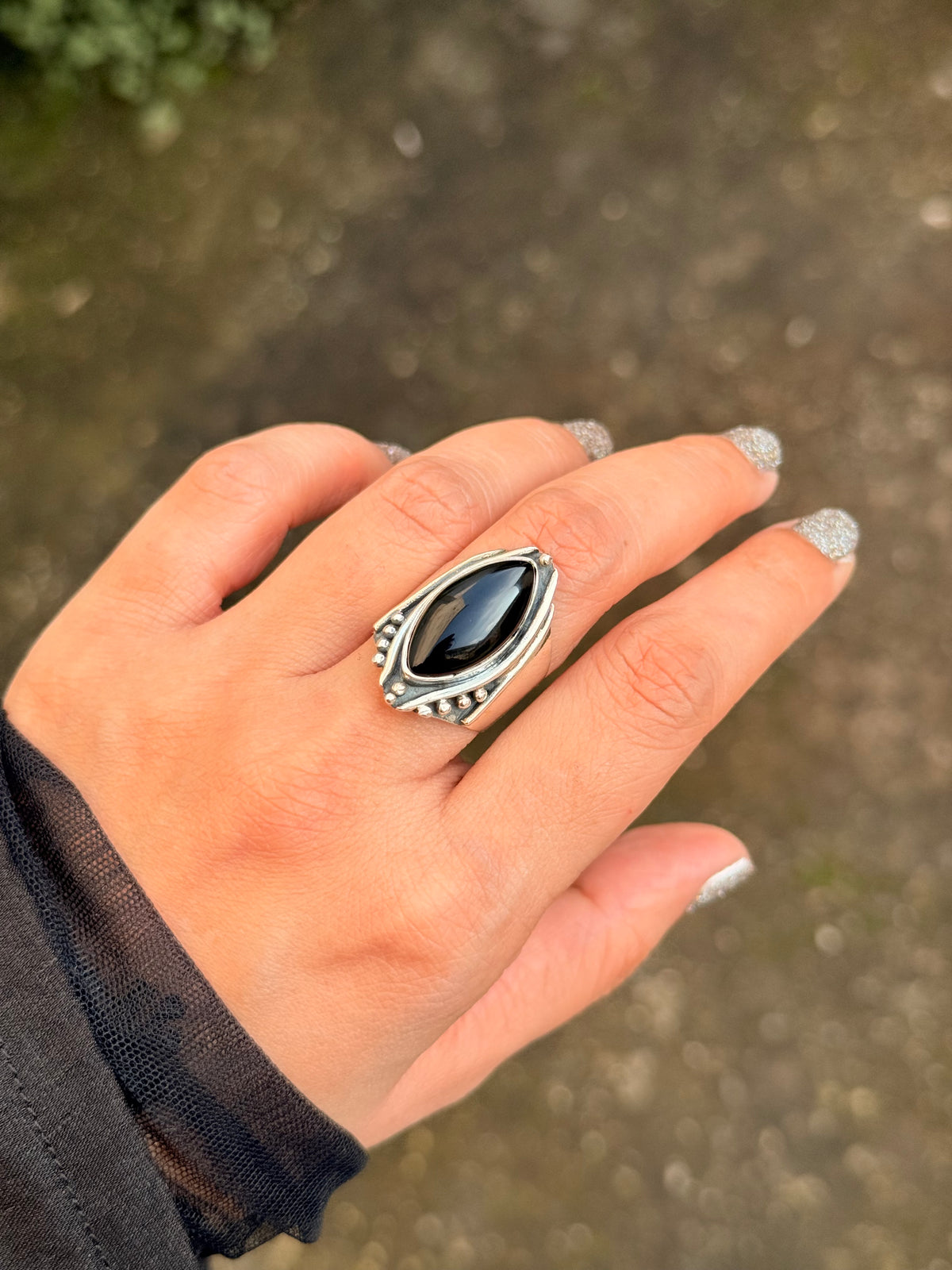 925 Sterling Silver Black Onyx Marquise Gothic Rustic Ring