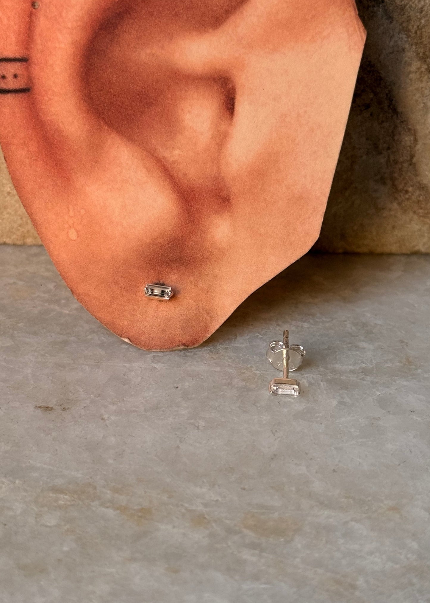 925 Sterling Silver White Topaz Baguette Cut Tiny Studs