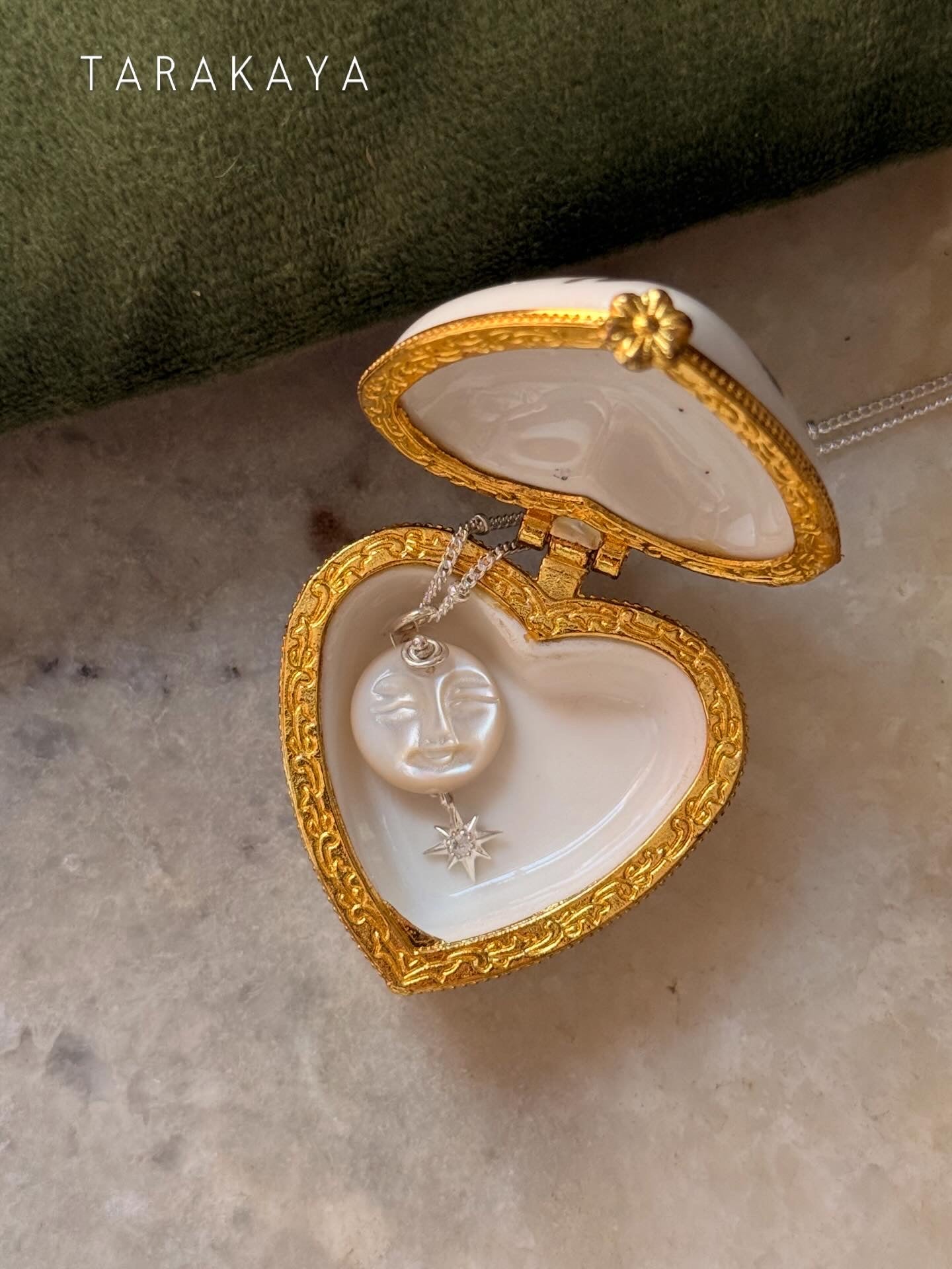925 Sterling Silver Mother of Pearl Full Moon Face Carved White Topaz North Star Cable Dot Handcrafted Necklace