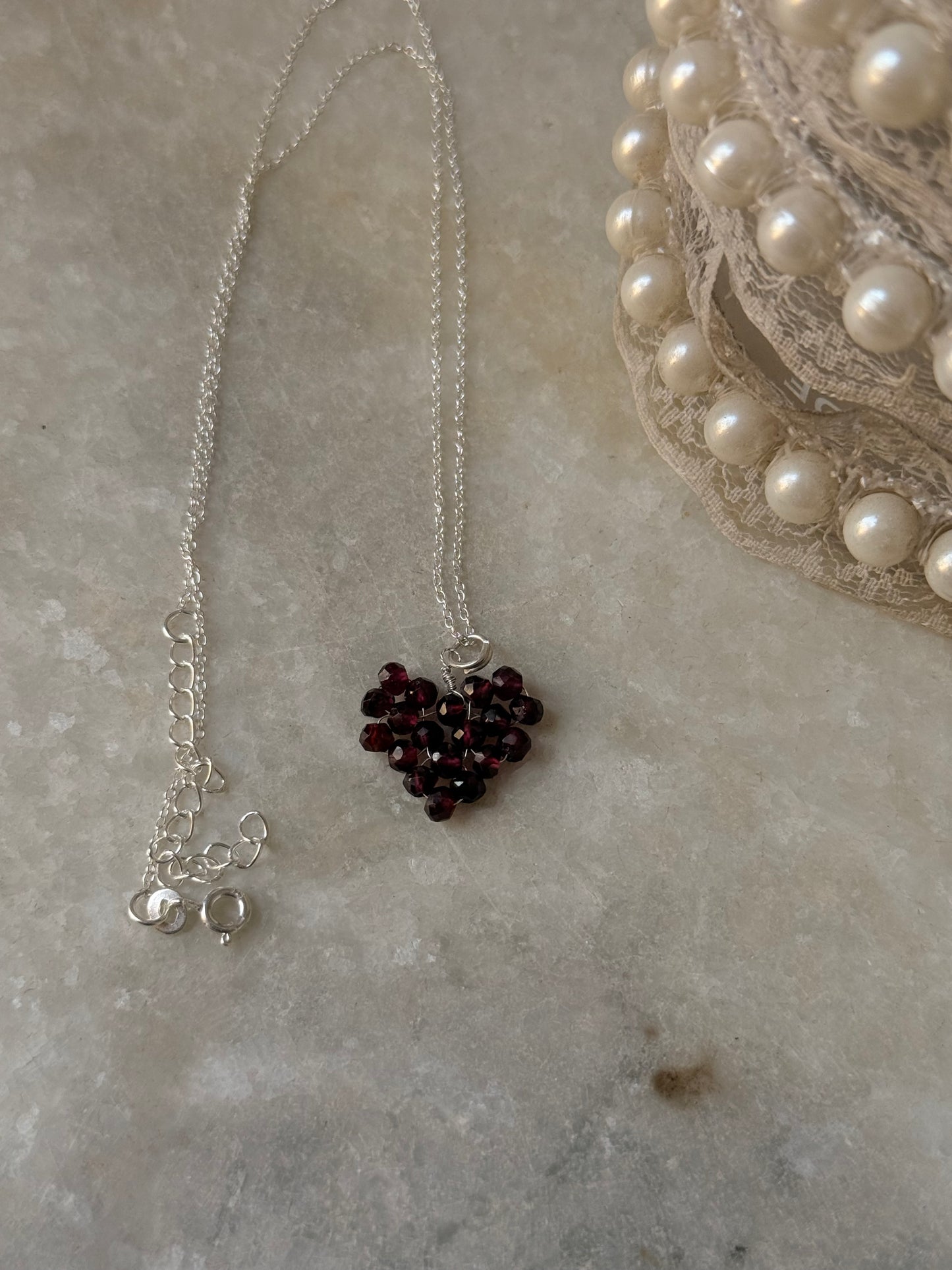 925 Sterling Silver Garnet Heart Beaded Wire Wrapped Handcrafted Love Necklace