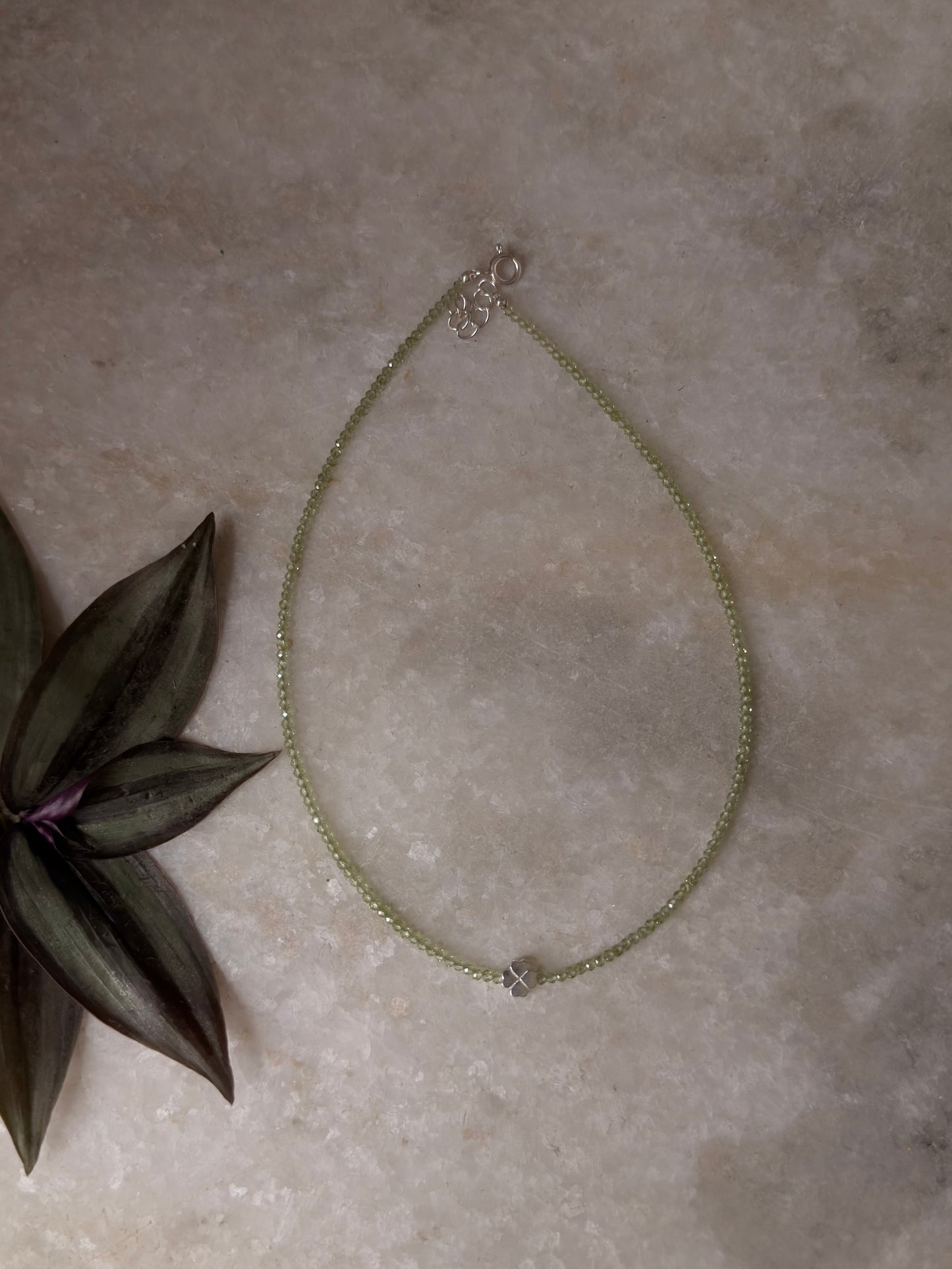 925 Sterling Silver Peridot 2mm Floral Charm Necklace