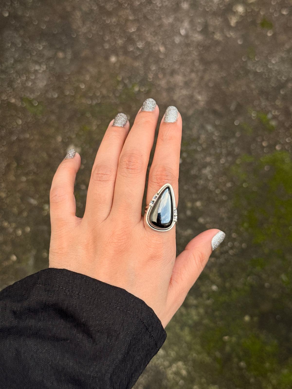 925 Sterling Silver Hematite Pear Statement Ring