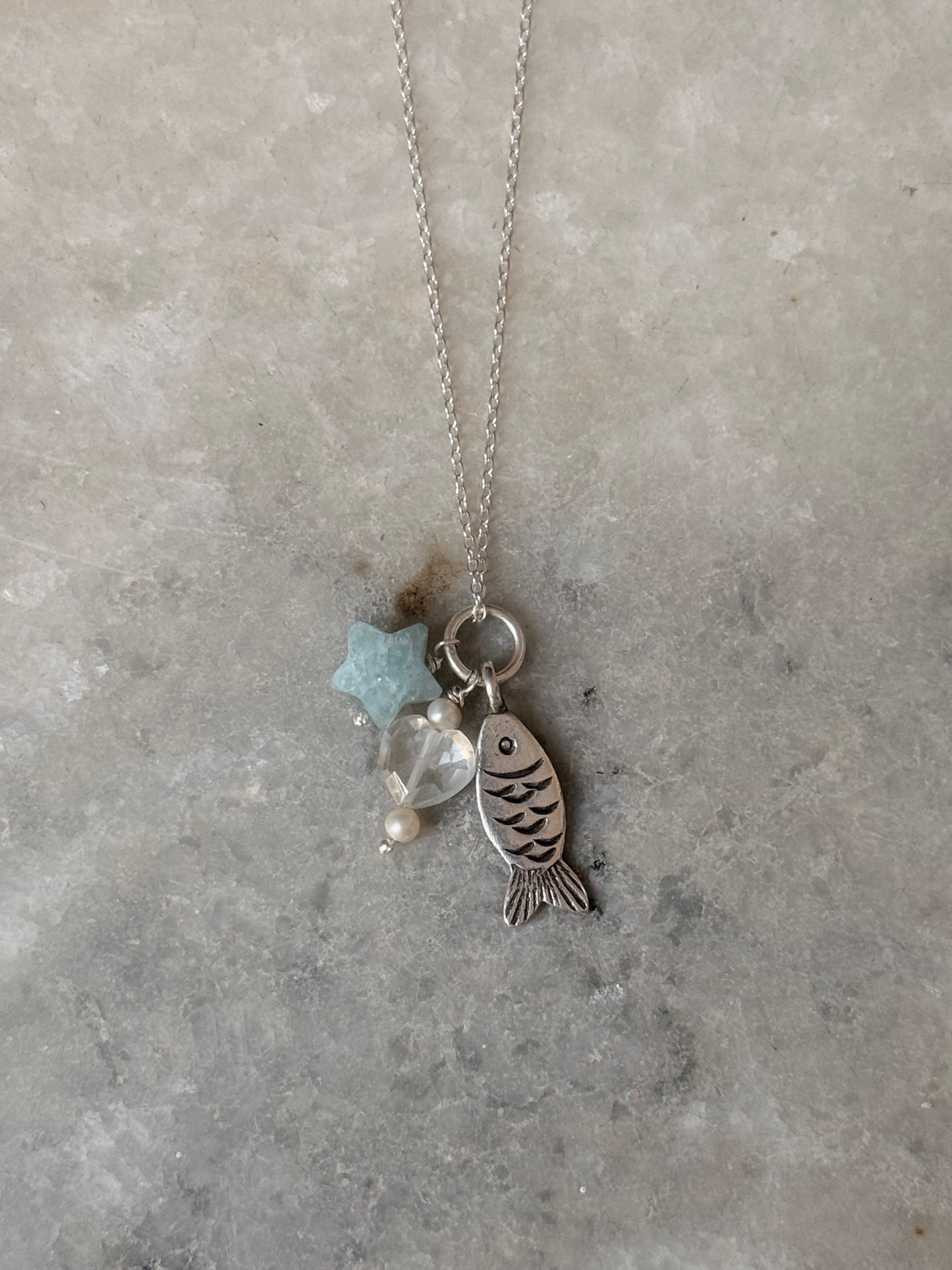 925 Sterling Silver Fish, Grey Moonstone Heart , Fresh Water Pearls and Aquamarine Star Necklace