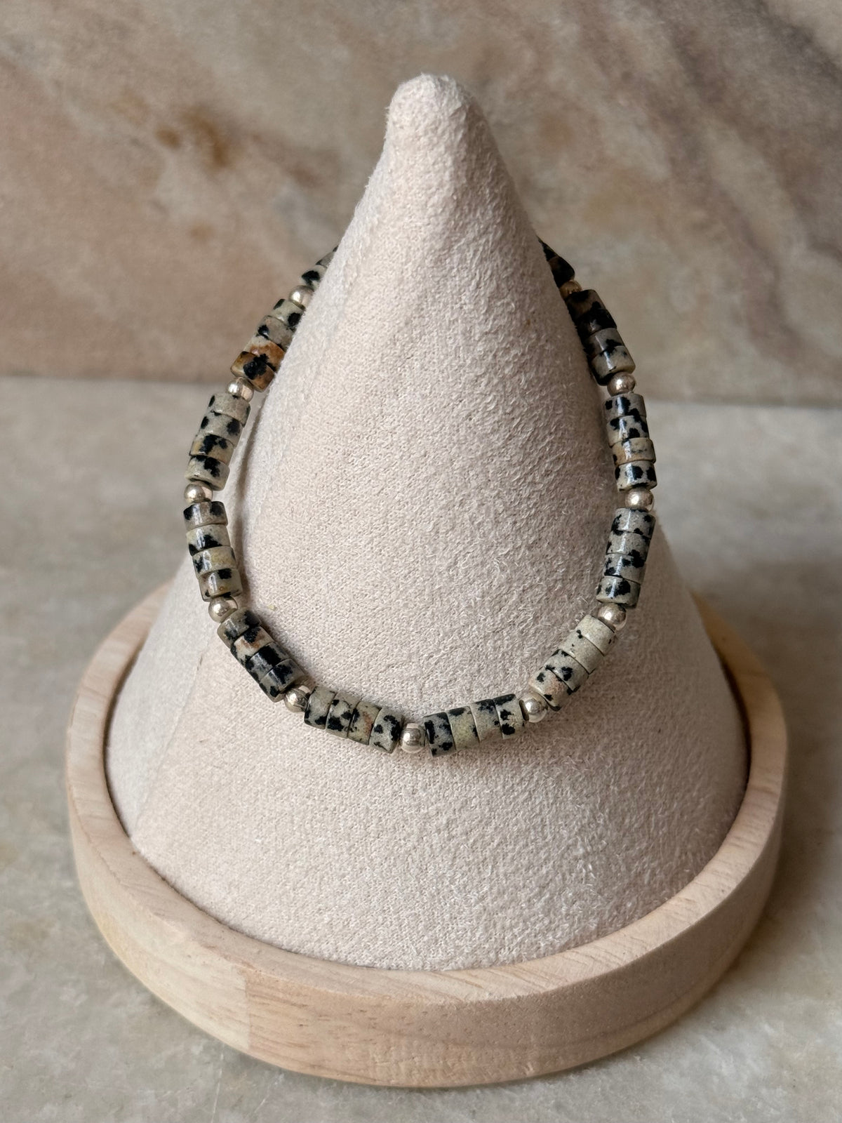925 Sterling Silver Dalmatian Jasper Flat Tube Crystal Silver Balls Bracelet