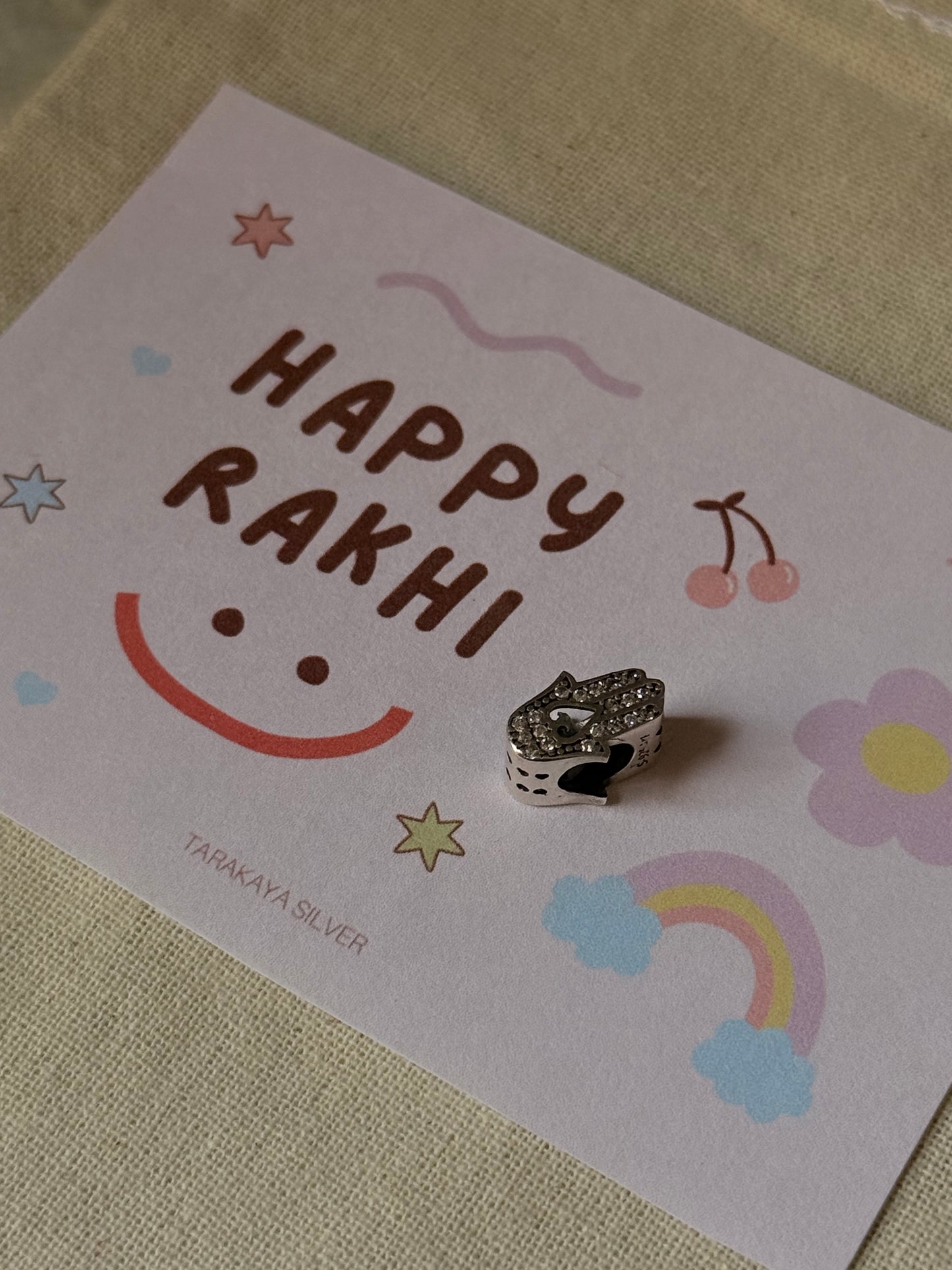 925 Sterling Silver Hamsa Charm Rakhi - Reusable as Pendant / Bracelet Charm Handcrafted Rakhi