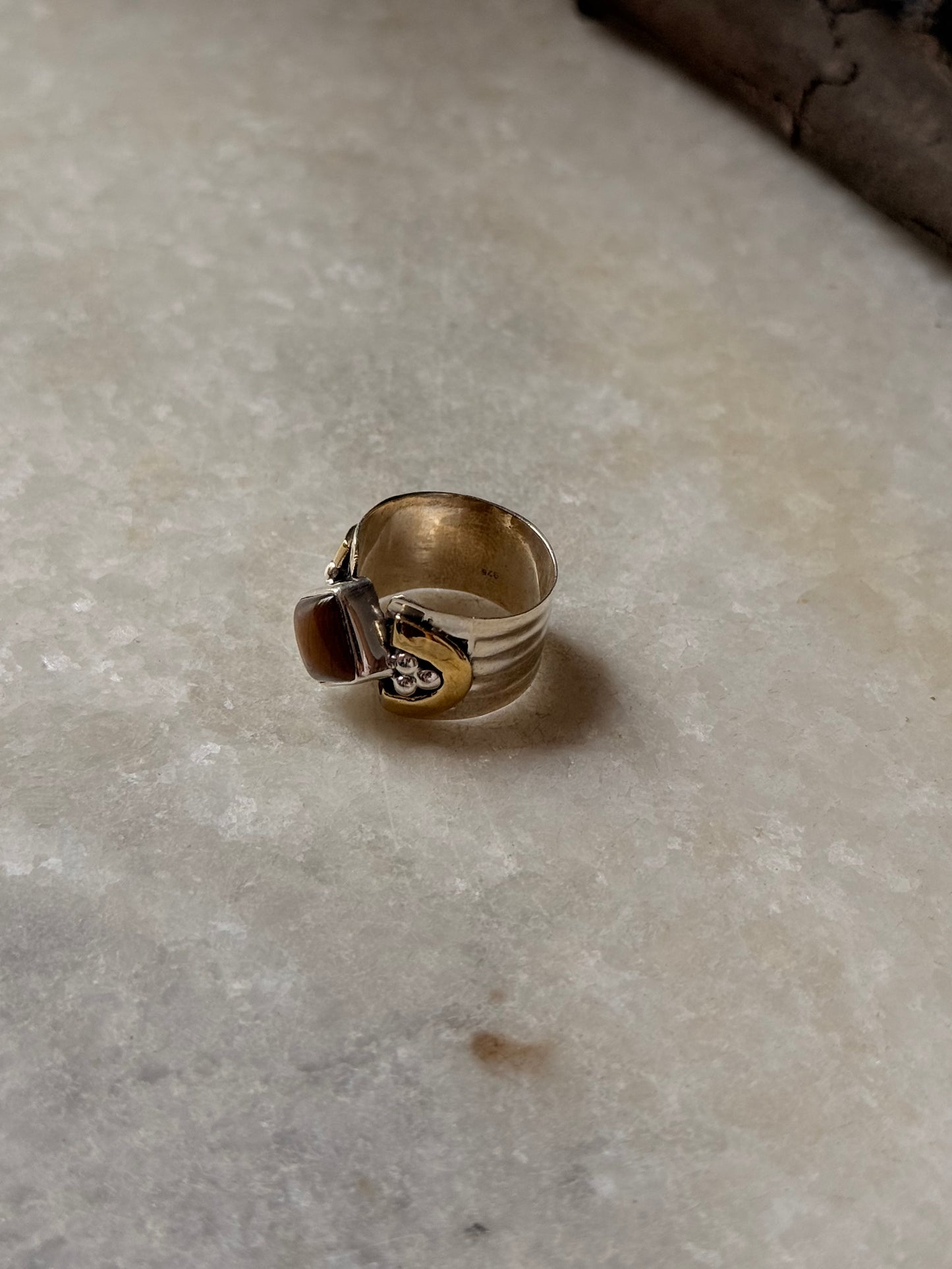 925 Sterling Silver Tiger Eye Rustic Mixed Metal Ring