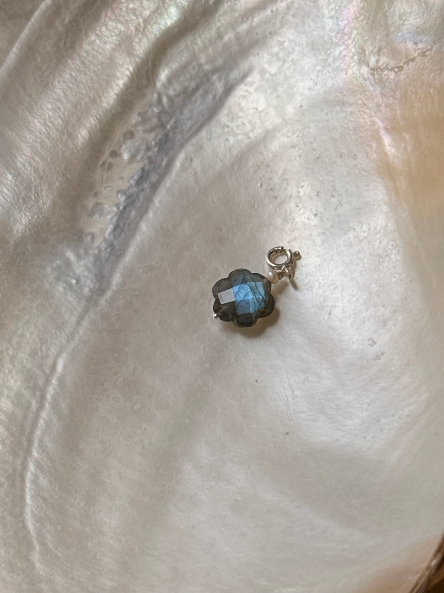 925 Sterling Silver Labradorite Floral Carved With Fresh Water Pearls Handcrafted Charm