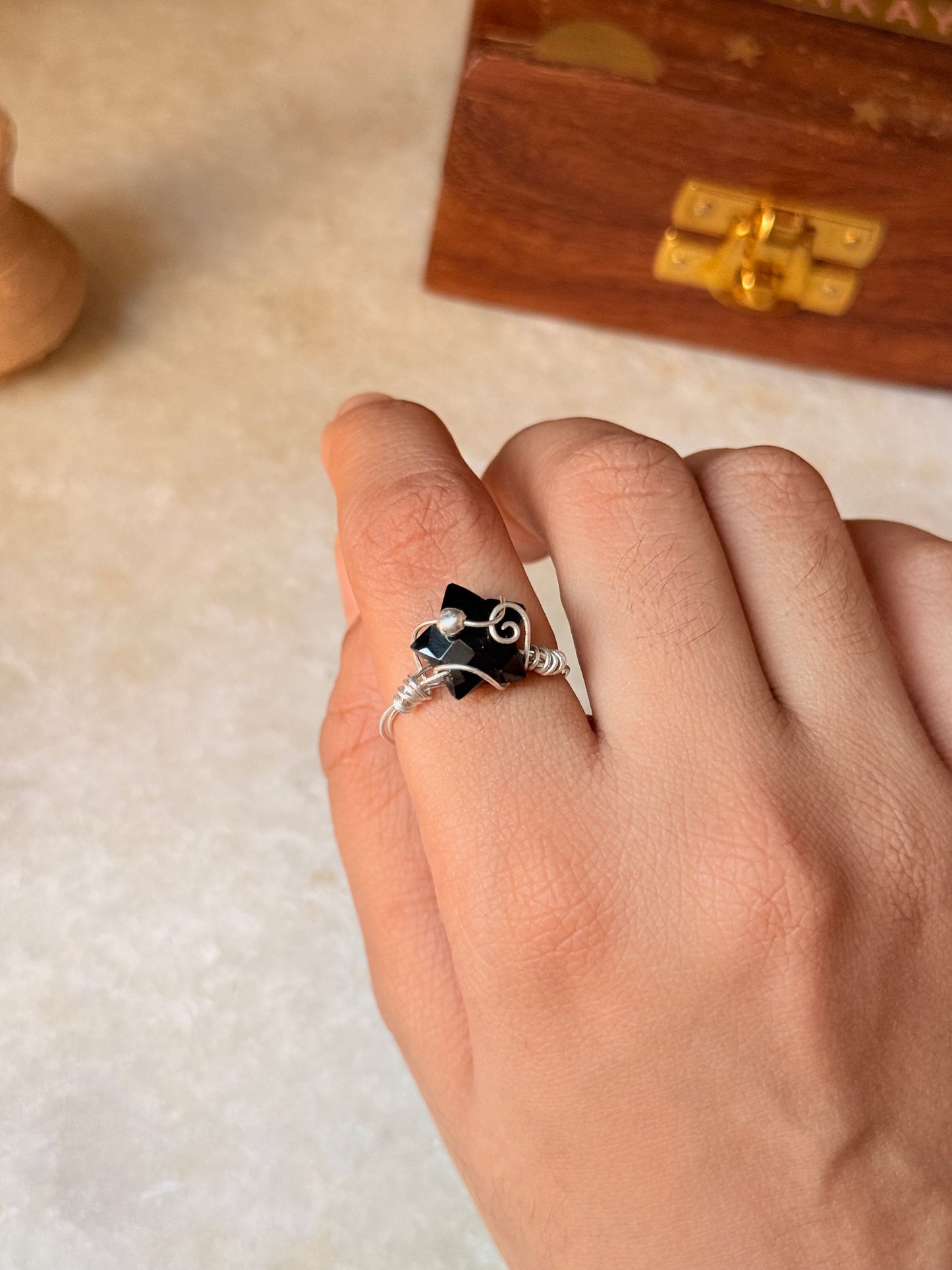 925 Sterling Silver Black Onyx Star Wire Wrapped Handcrafted Ring