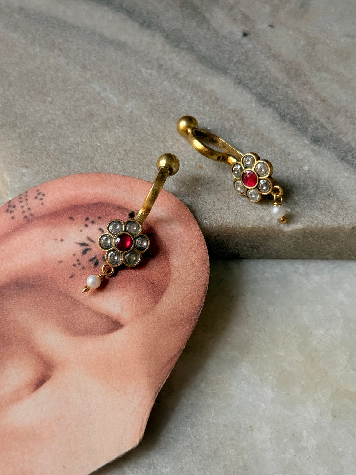 925 Sterling Silver Gold Plated Pink White Stone Kundan Polki & Fresh Water Pearls Charm Bugadi Ear Cuff