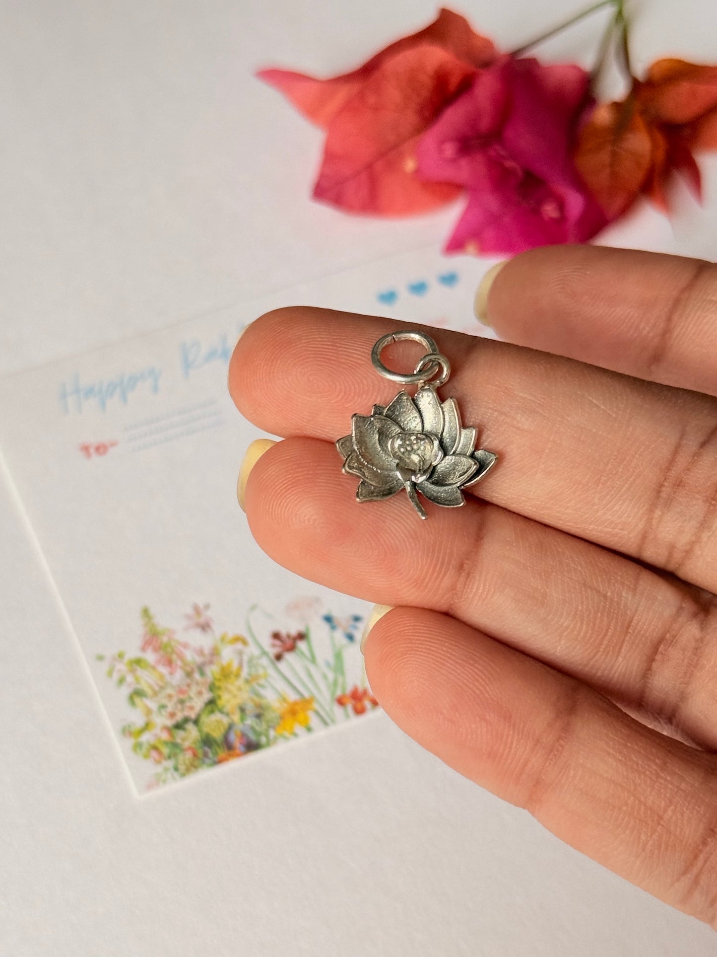 925 Sterling Silver Divine Lotus Charm Rakhi - Reusable as Pendant / Bracelet Charm Handcrafted Rakhi