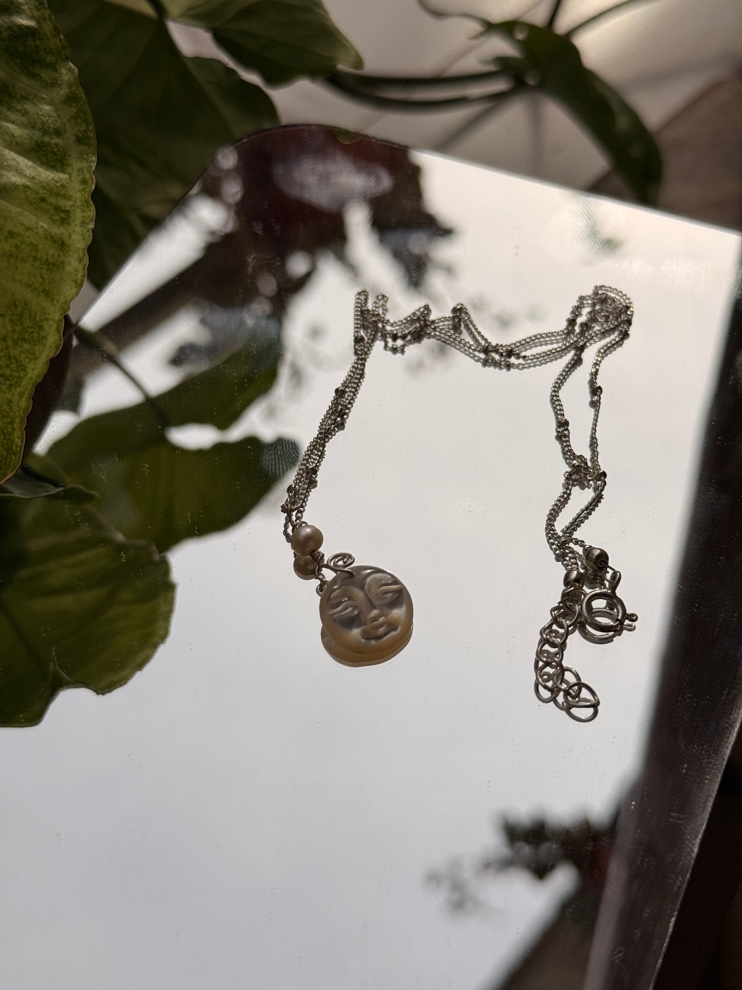 925 Sterling Silver Mother of Pearl Moon Face, Fresh Water Pearl Spiral Cable Dot Handcrafted Necklace